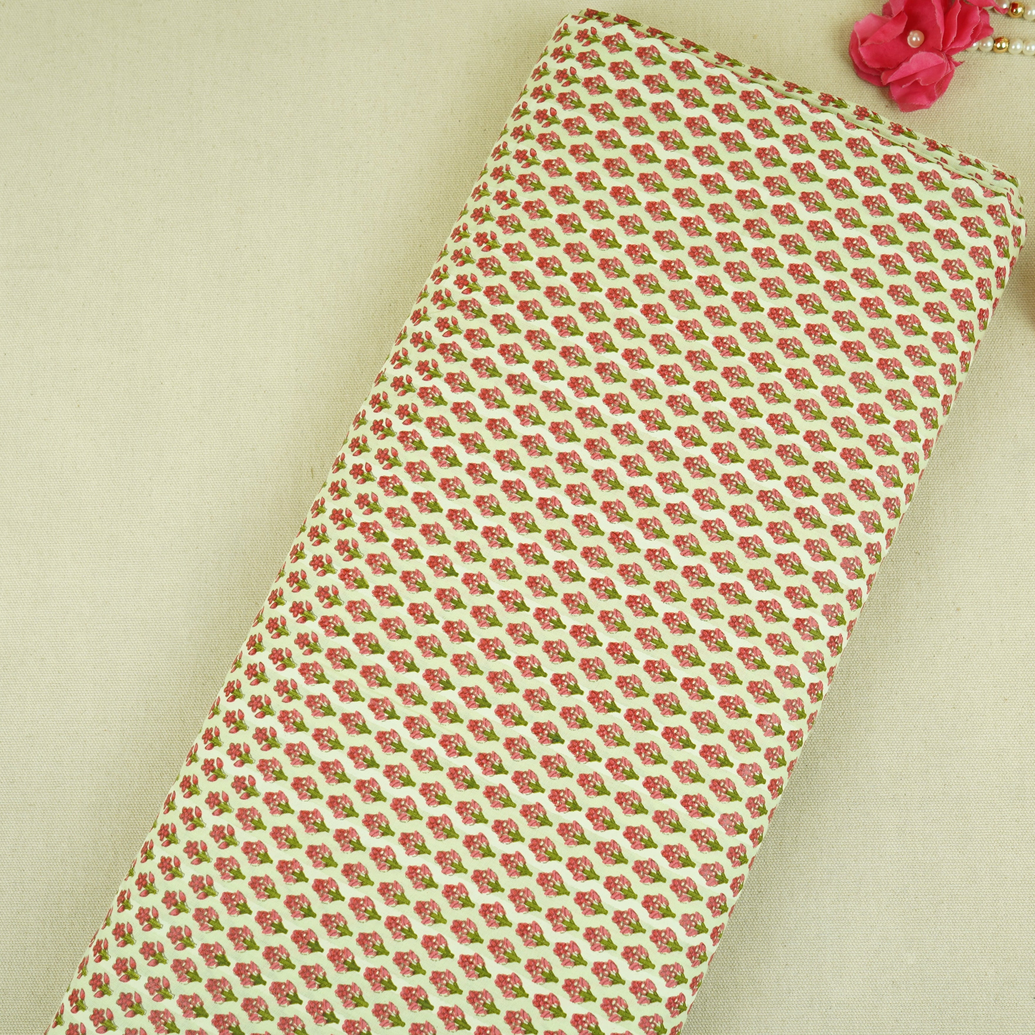 Light Mint Green& Pink Floral Block Print Cotton Fabric PB-29748 - TradeUNO