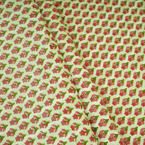 Light Mint Green& Pink Floral Block Print Cotton Fabric PB-29748 - TradeUNO