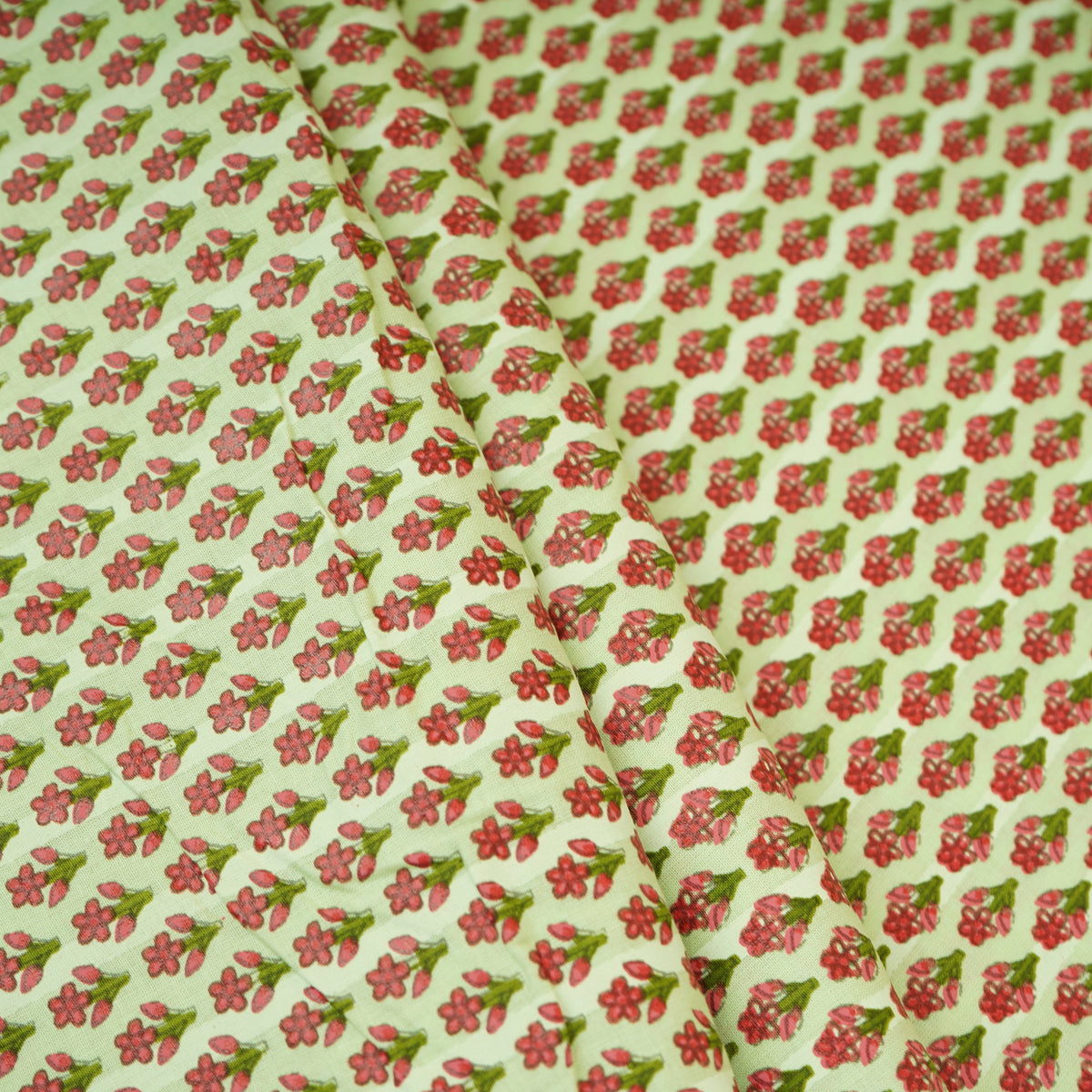 Light Mint Green& Pink Floral Block Print Cotton Fabric PB-29748 - TradeUNO