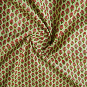 Light Mint Green& Pink Floral Block Print Cotton Fabric PB-29748 - TradeUNO