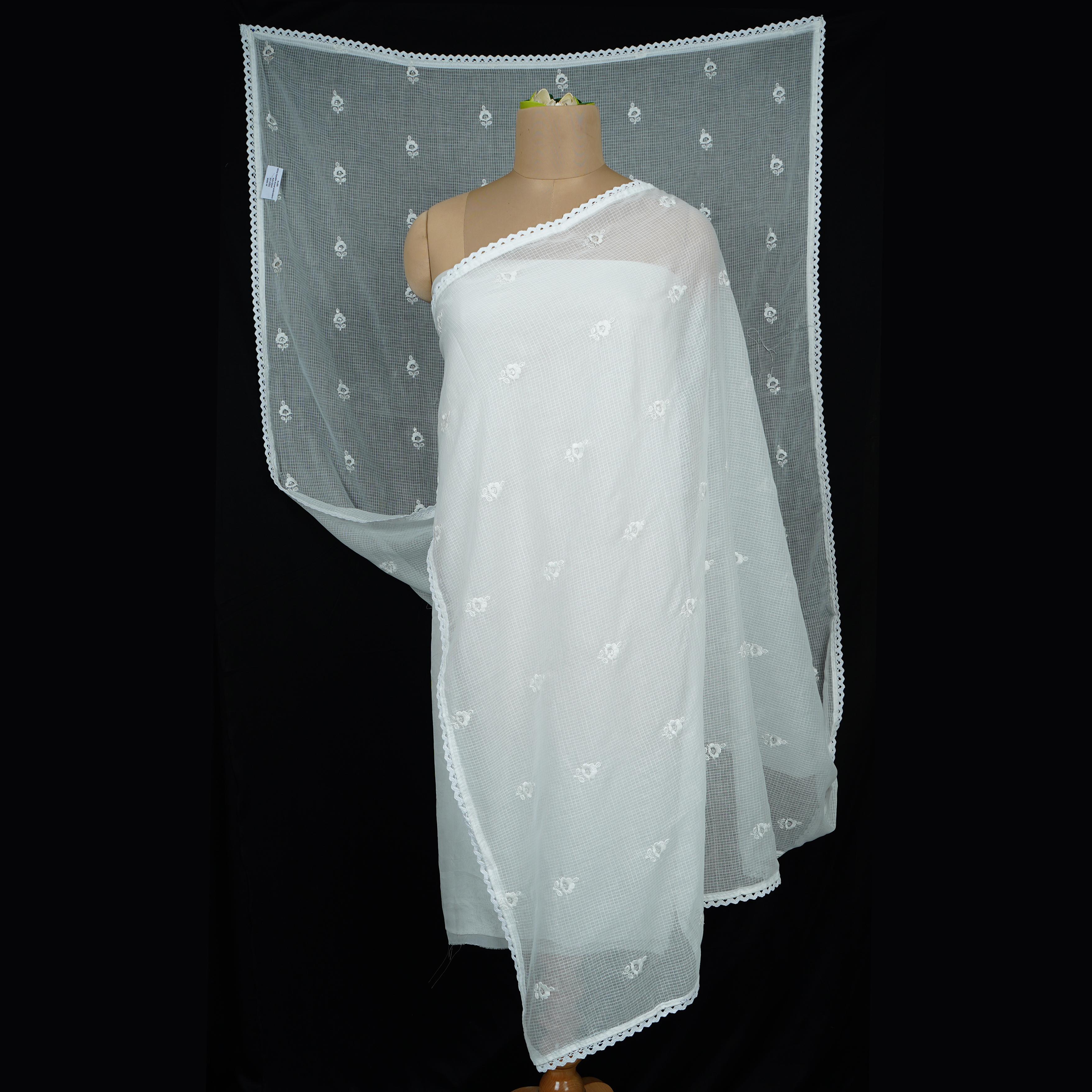White Dyeable thread embroidery Kota Check Linen Dupatta SST-31021 - TradeUNO