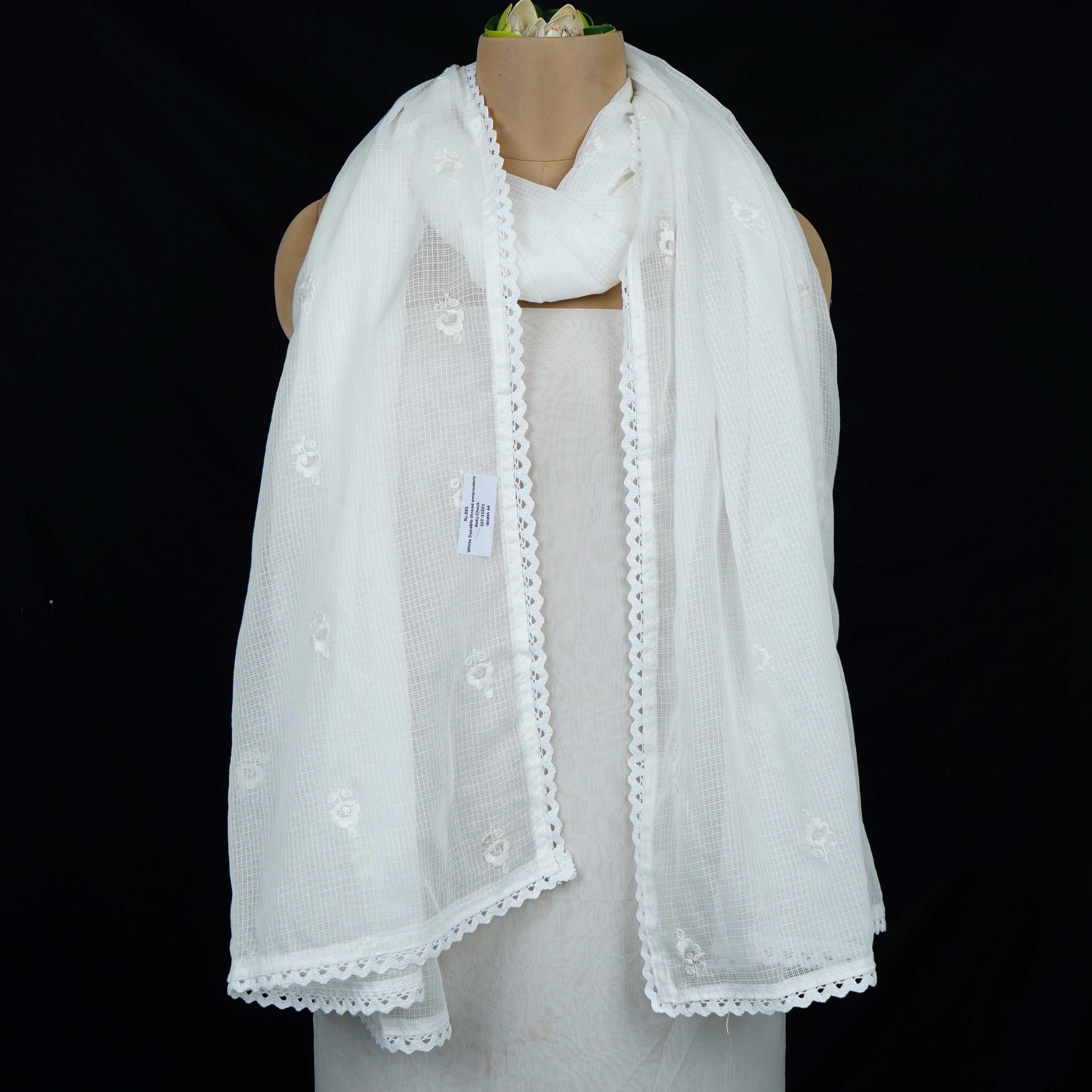 White Dyeable thread embroidery Kota Check Linen Dupatta SST-31021 - TradeUNO