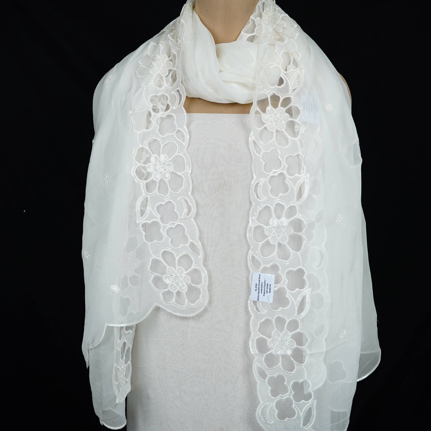 White Dyeable thread floral embroidery Organza Dupatta SST-31024