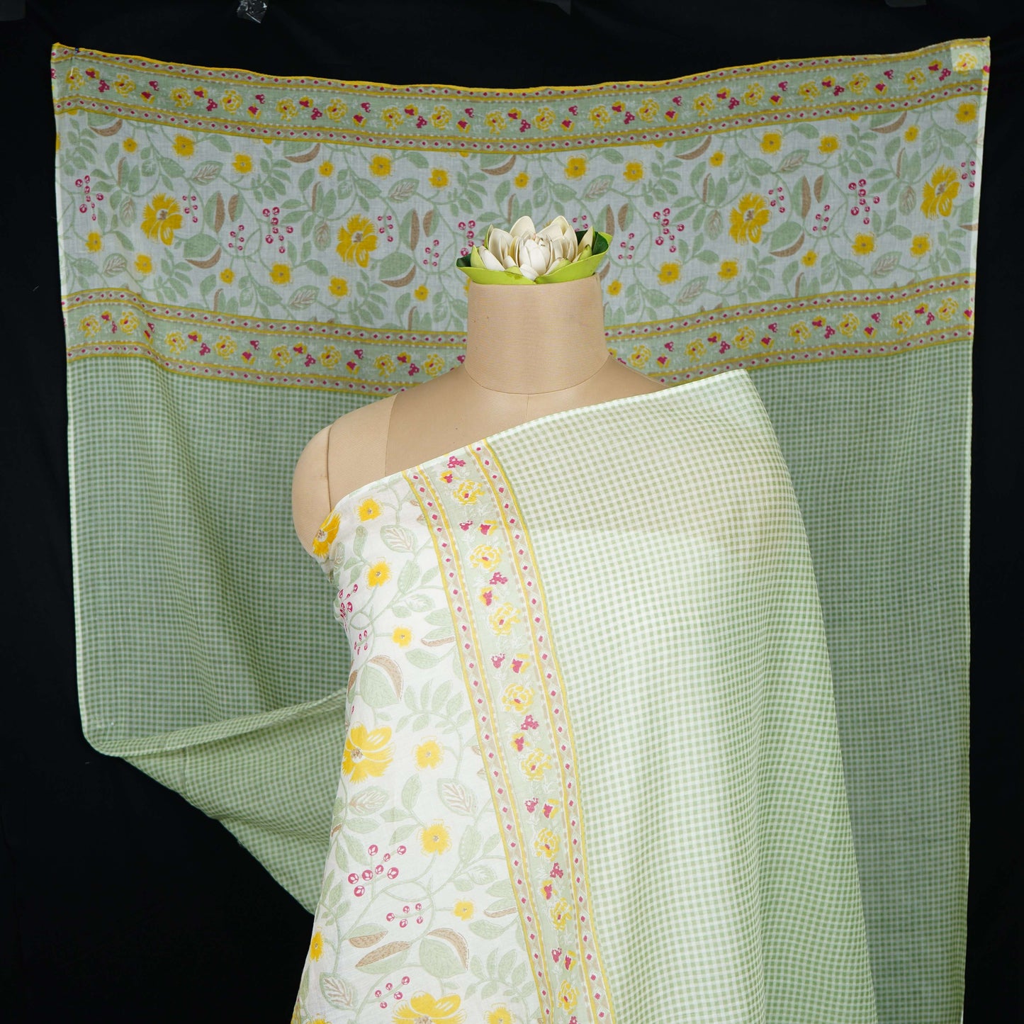 Yellow Floral Check Print Cotton Dupatta MFR-30045