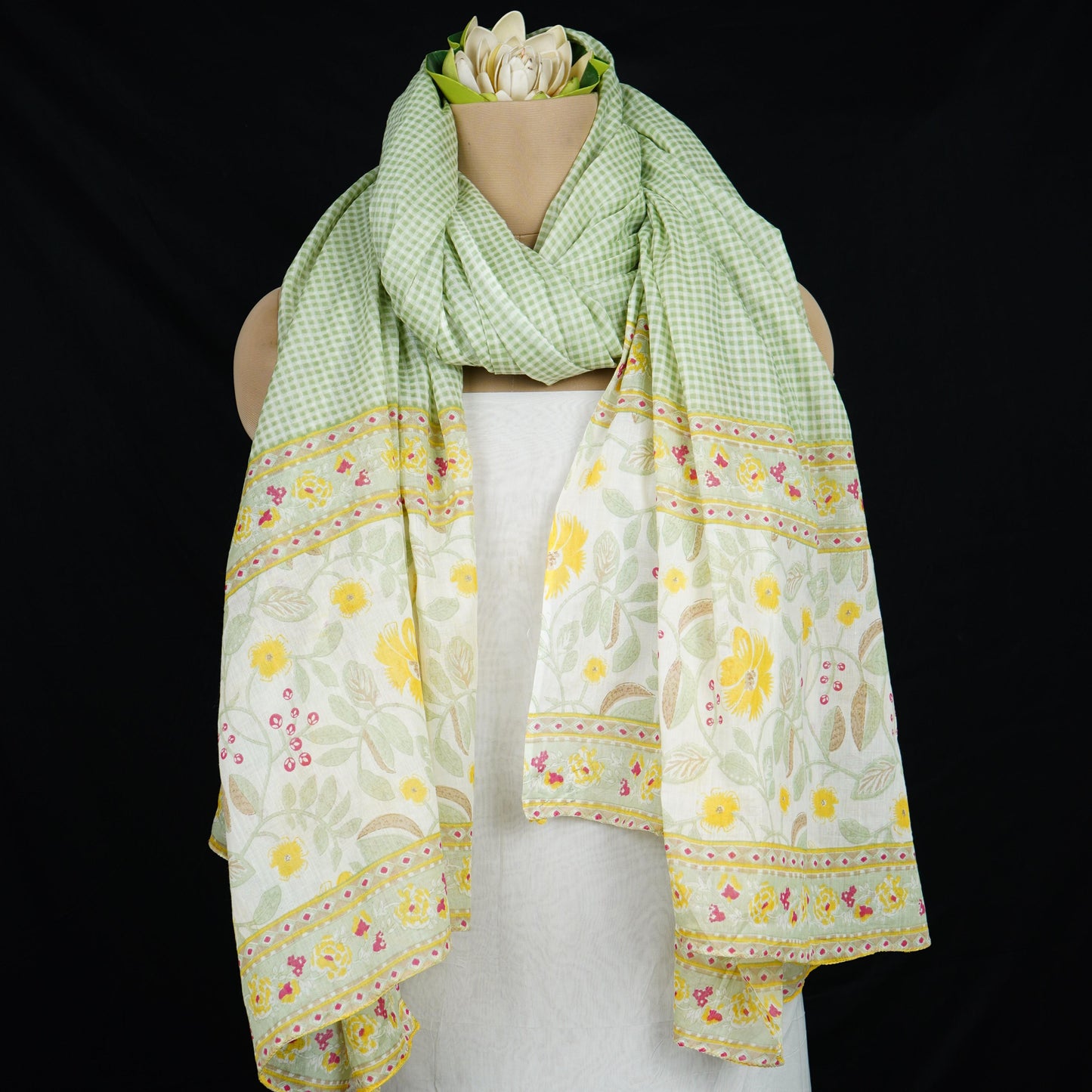 Yellow Floral Check Print Cotton Dupatta MFR-30045
