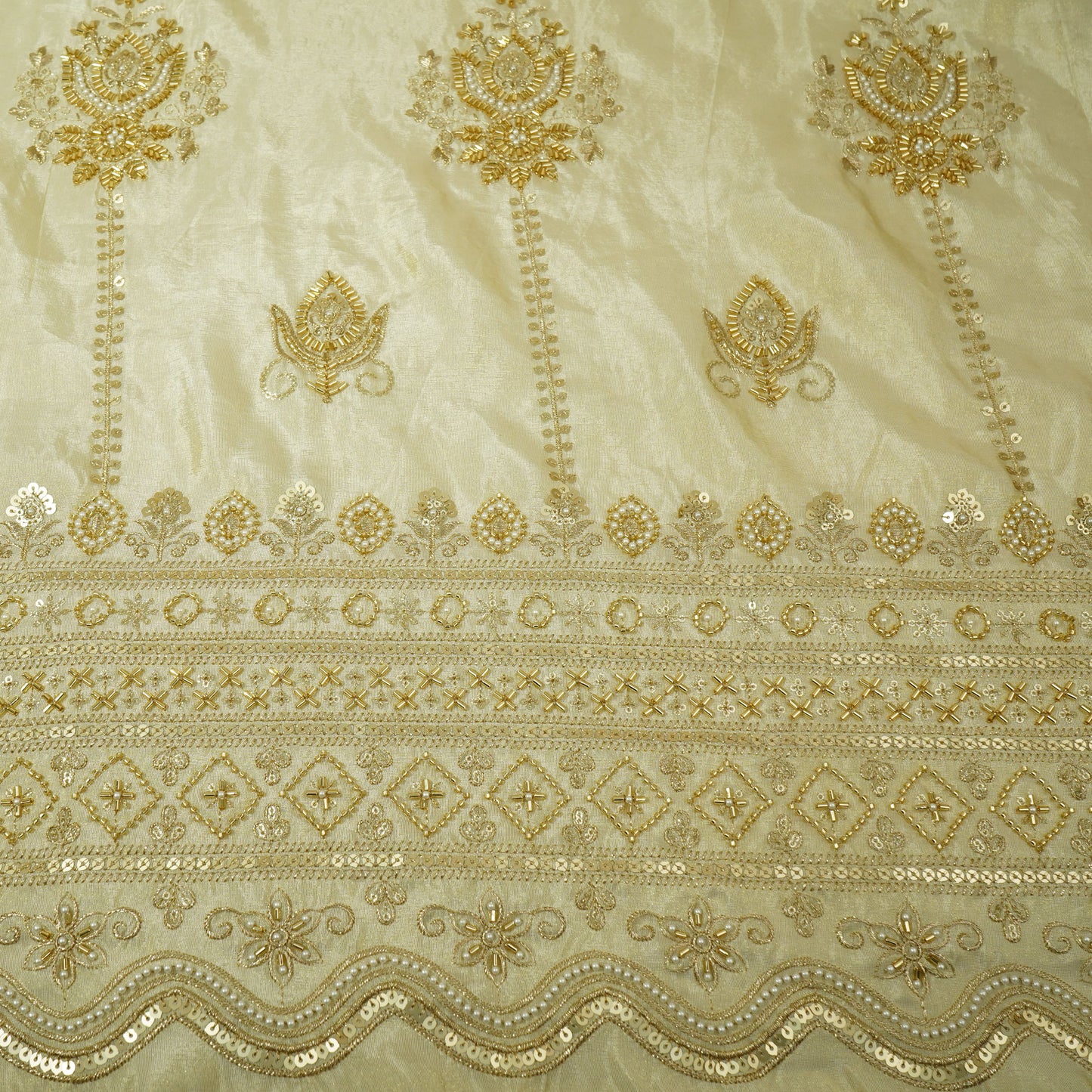 Golden Cutdana & Pearl Dyeable Embroidery Tissue Fabric 22570