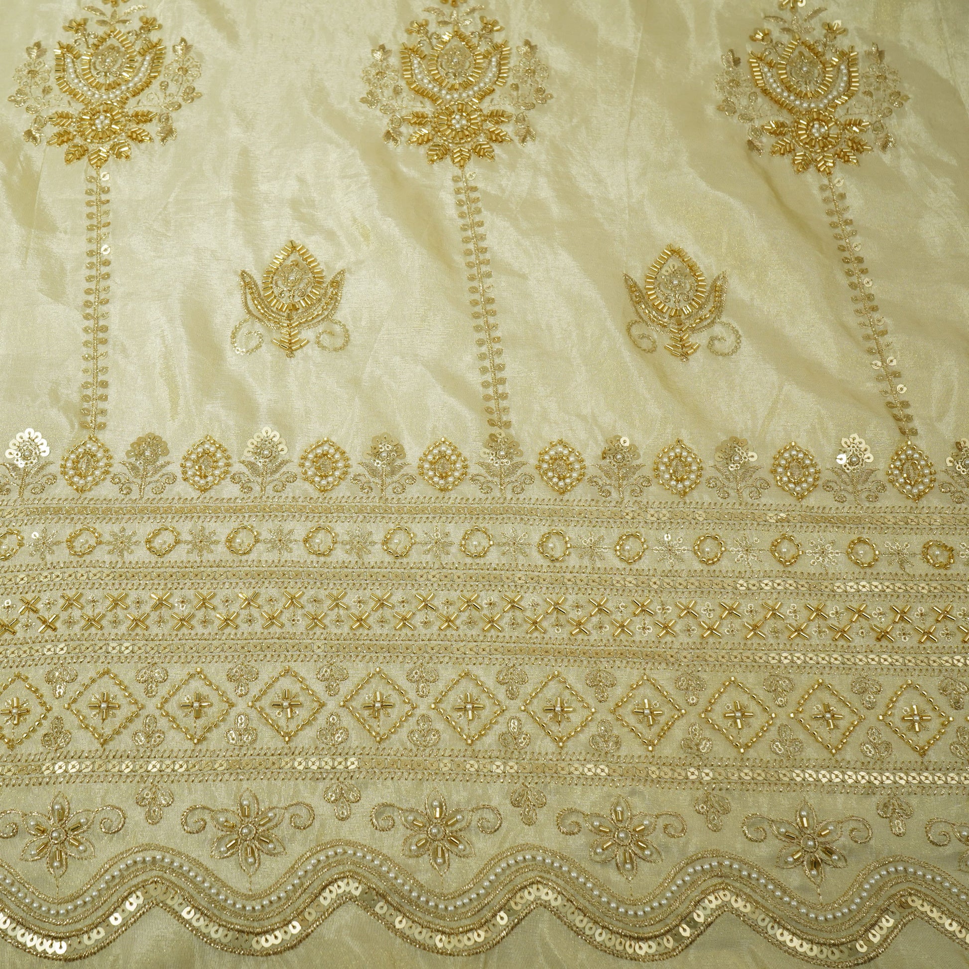 Golden Cutdana & Pearl Dyeable Embroidery Tissue Fabric 22570