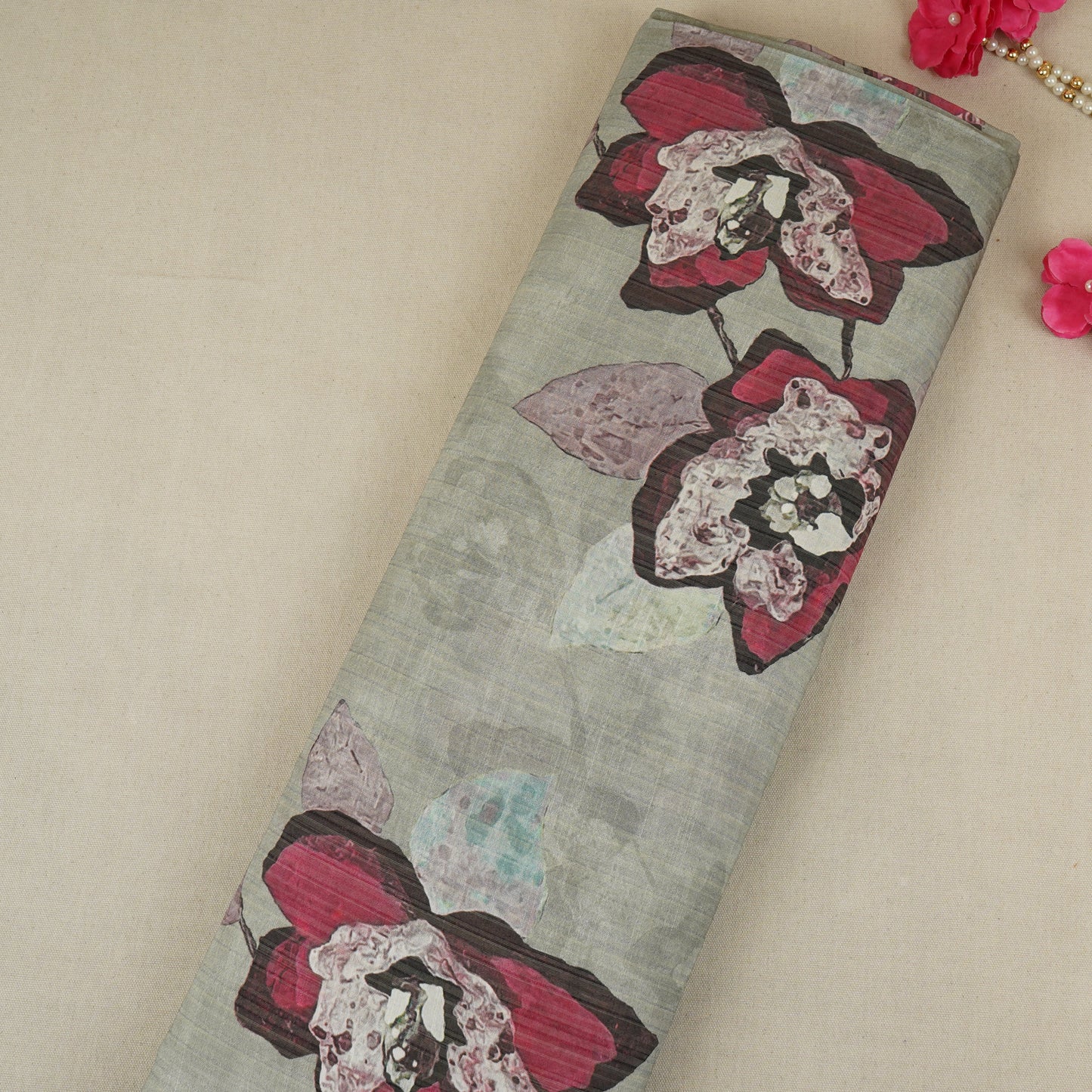 Light Grey Floral Print Viscose Turkey Linen Fabric PDM-29907 - TradeUNO