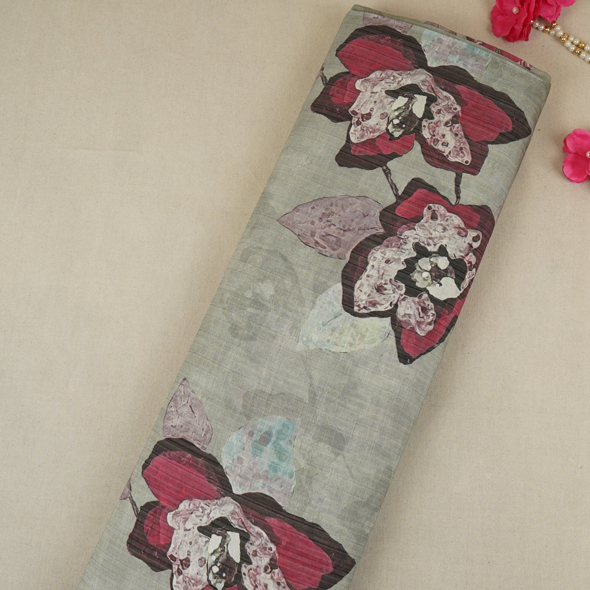 Light Grey Floral Print Viscose Turkey Linen Fabric PDM-29907 - TradeUNO
