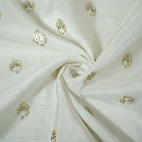 White Zari Dyeable Sequins Embroidery Russian Silk Fabric 22571