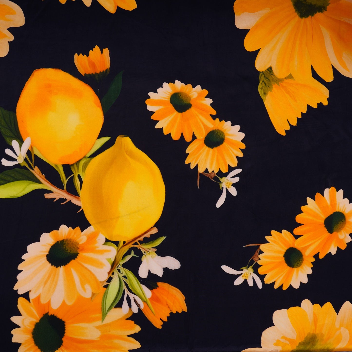 Deep Navy Blue with Yellow floral print Crepe Fabric NVC-31823