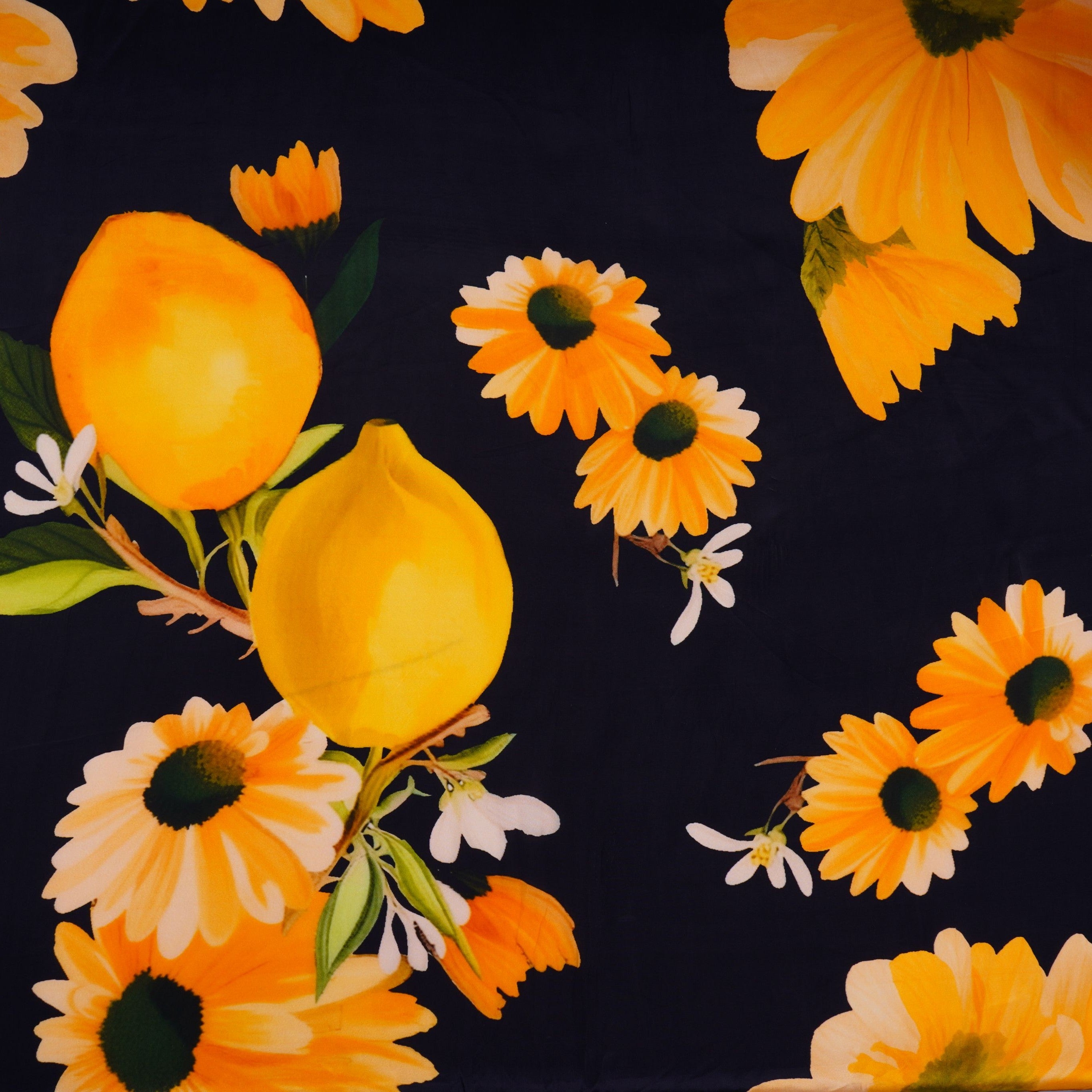 Deep Navy Blue with Yellow floral print Crepe Fabric NVC-31823 - TradeUNO
