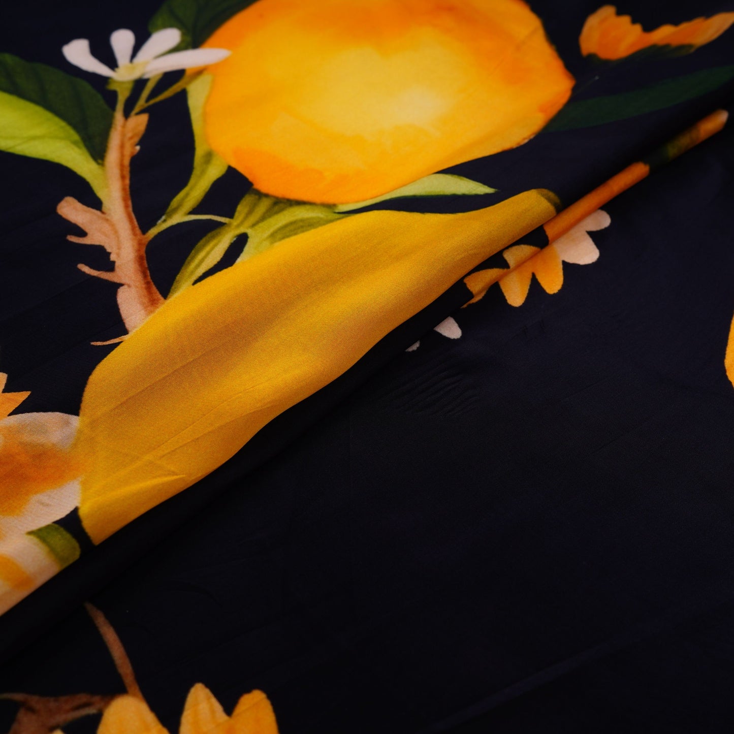 Deep Navy Blue with Yellow floral print Crepe Fabric NVC-31823