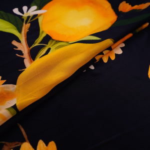 Deep Navy Blue with Yellow floral print Crepe Fabric NVC-31823 - TradeUNO