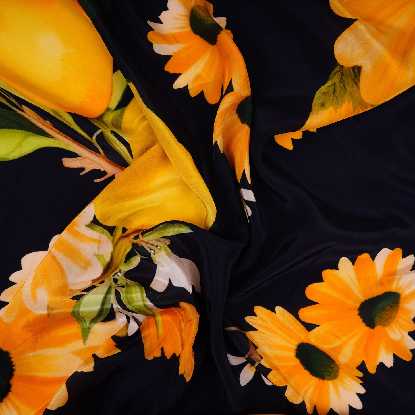 Deep Navy Blue with Yellow floral print Crepe Fabric NVC-31823