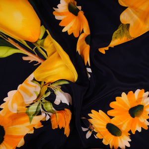 Deep Navy Blue with Yellow floral print Crepe Fabric NVC-31823 - TradeUNO