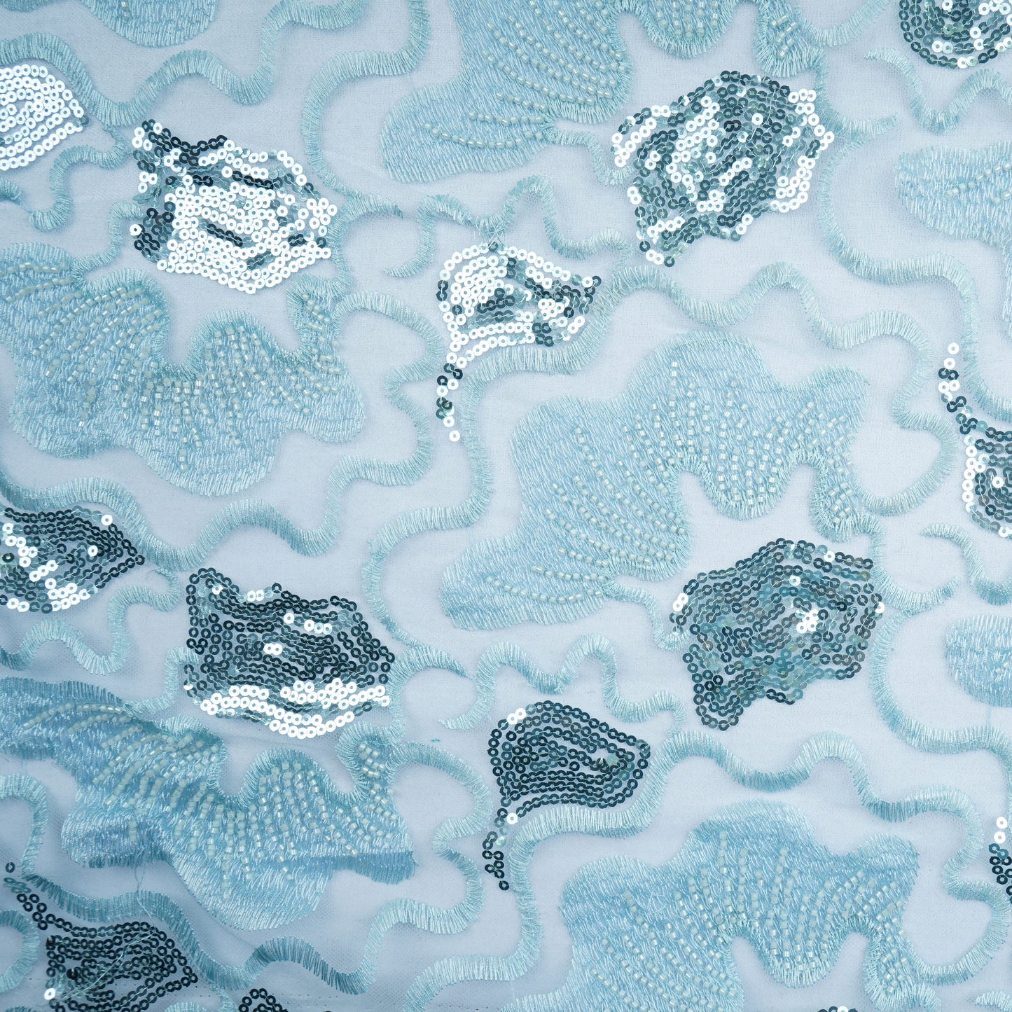 Blue Handwork Bead Imported Floral Sequence Embroidery Net Fabric 9005