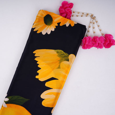 Deep Navy Blue with Yellow floral print Crepe Fabric NVC-31823