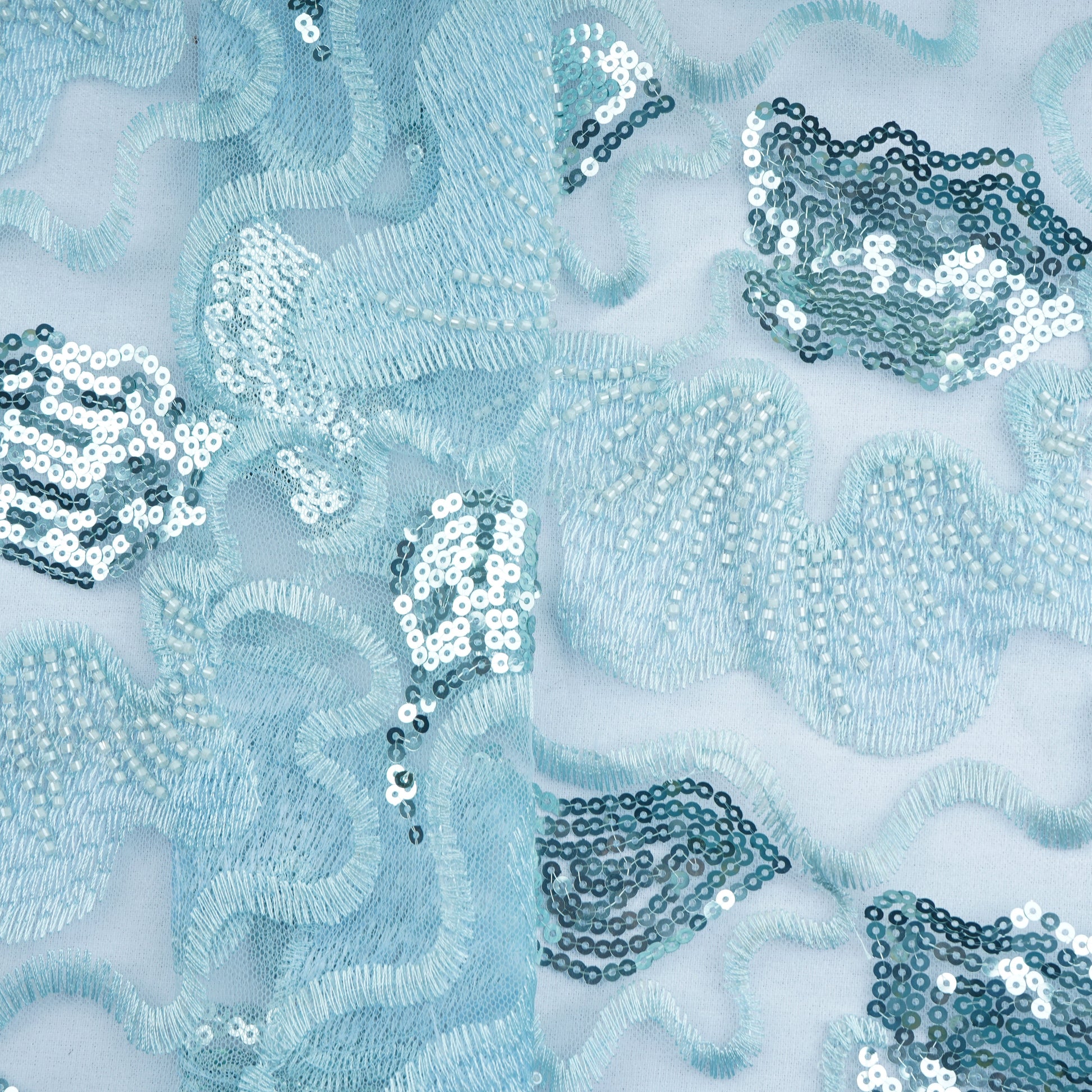 Blue Handwork Bead Imported Floral Sequence Embroidery Net Fabric 9005