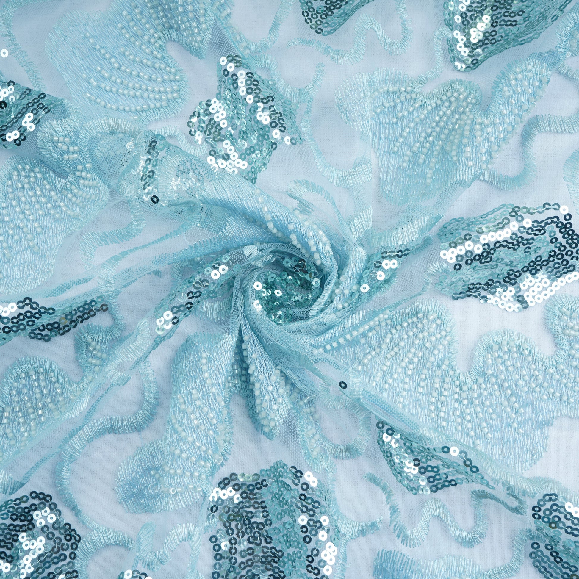 Blue Handwork Bead Imported Floral Sequence Embroidery Net Fabric 9005
