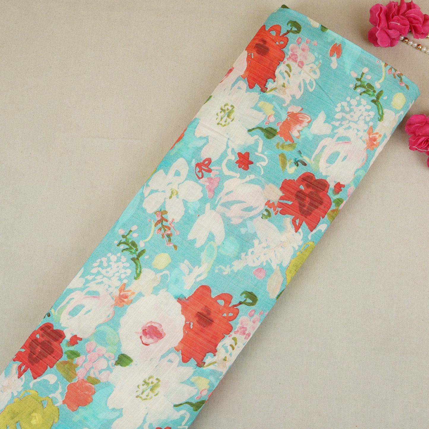 Sky Blue with Multicolor Floral Print Viscose Turkey Linen Fabric PDM-29902