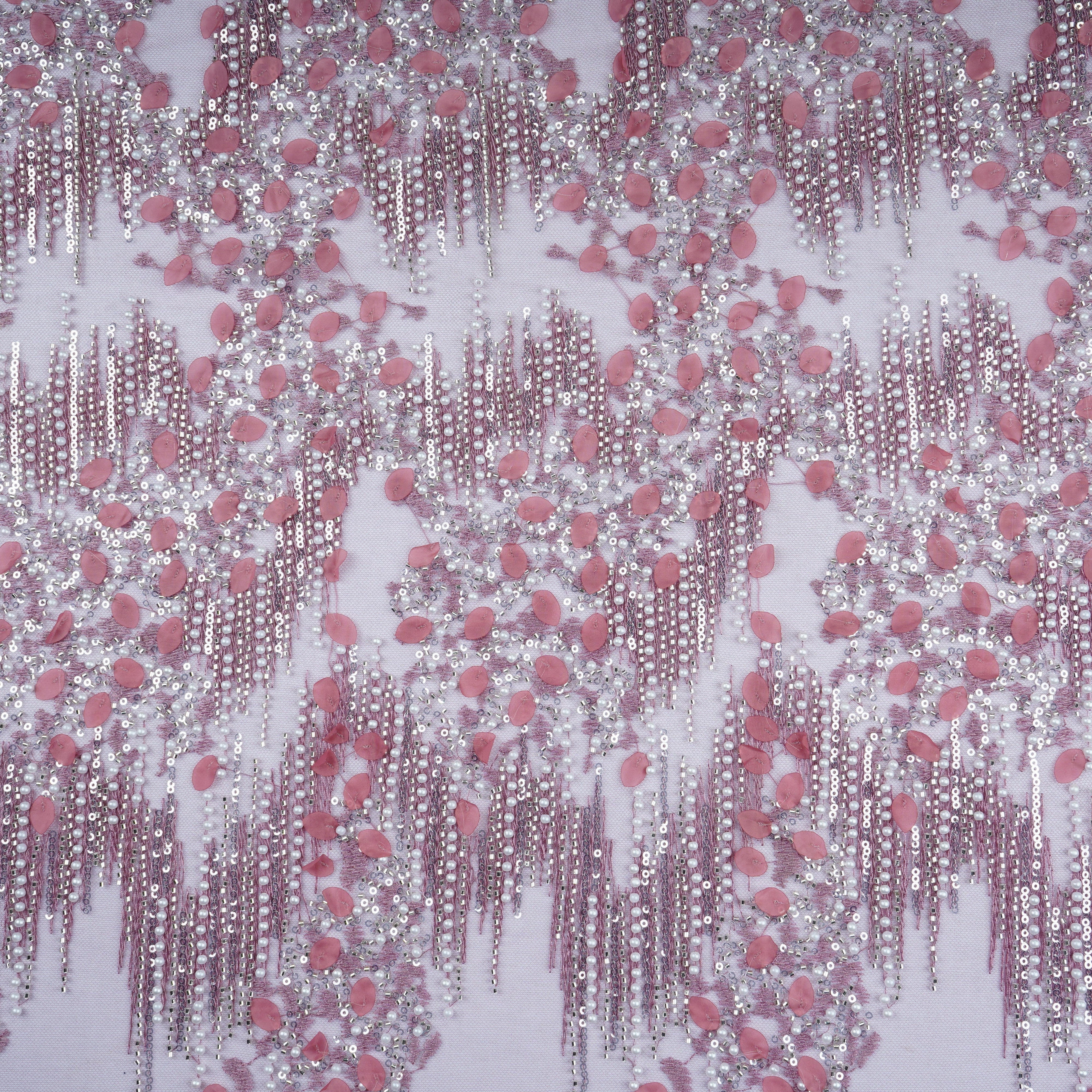 Pink Pearl Cutdana Sequins Embroidery Net Fabric 21930