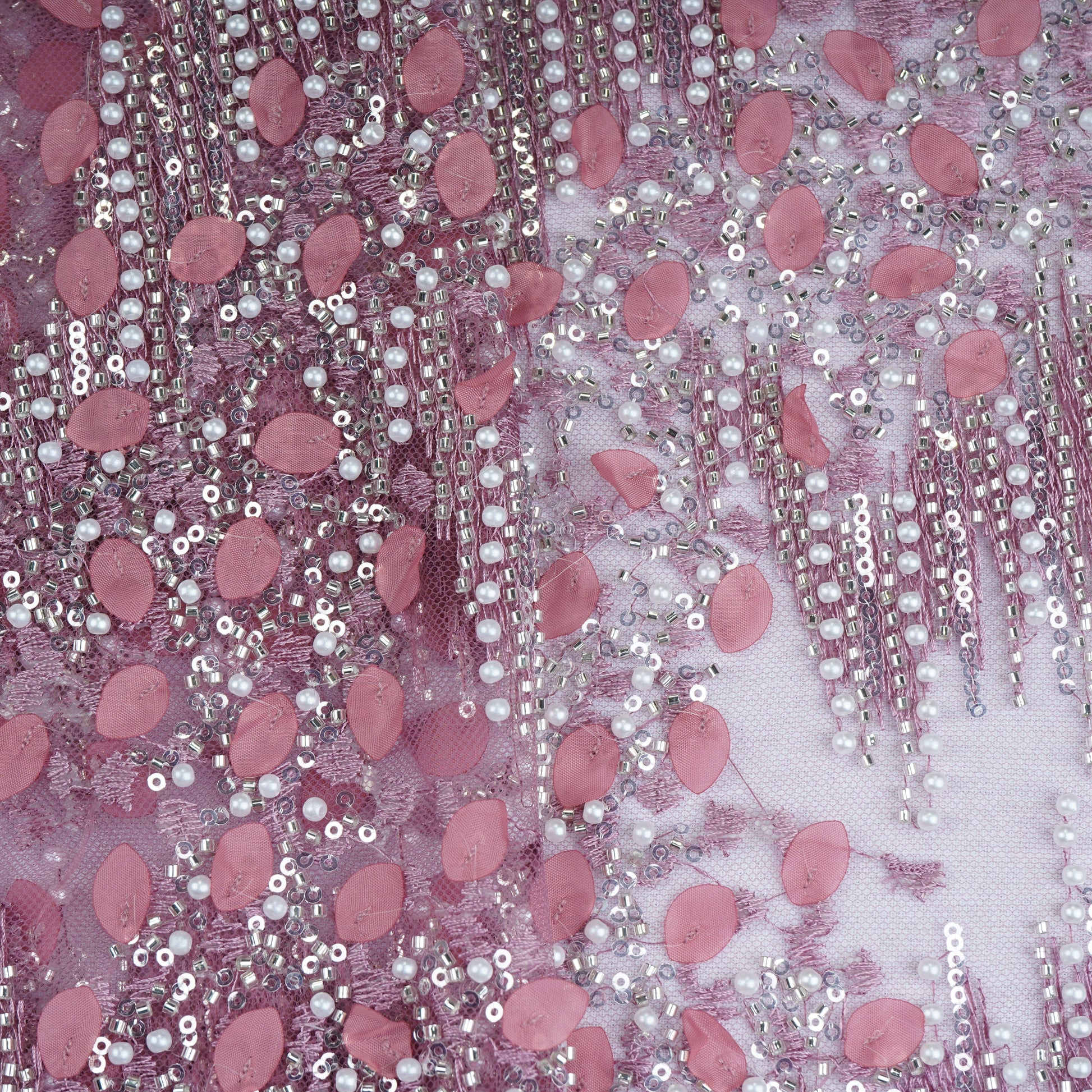 Pink Pearl Cutdana Sequins Embroidery Net Fabric 21930