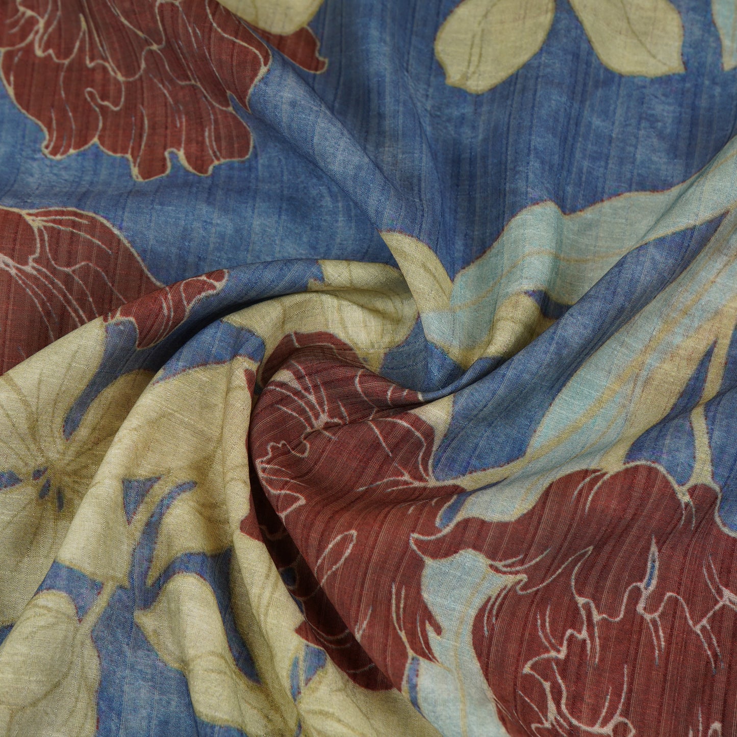 Blue with Cream Floral Print Viscose Turkey Linen Fabric PDM-29900