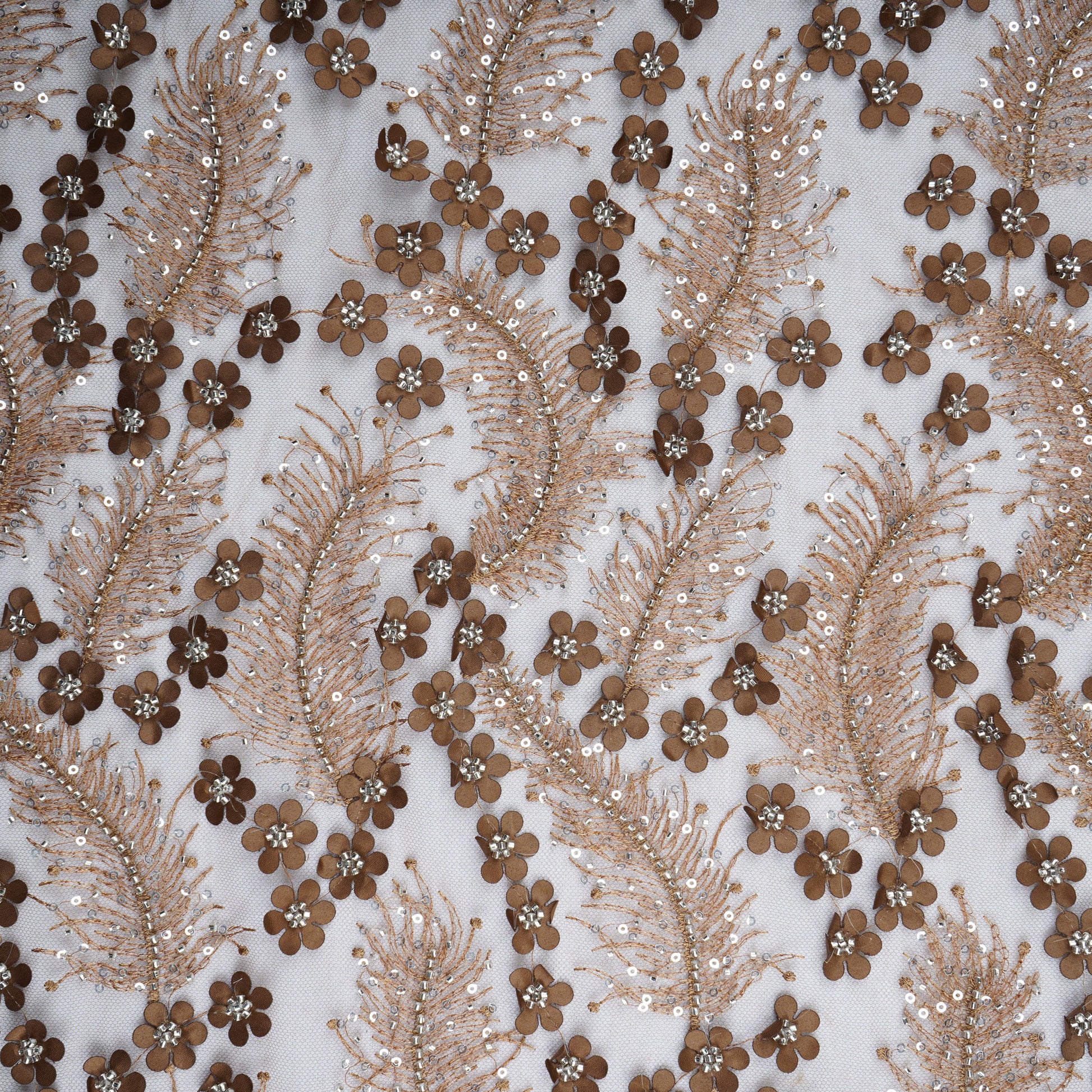 Coffee Brown Cutdana & Sequins Embroidery Net Fabric 21933