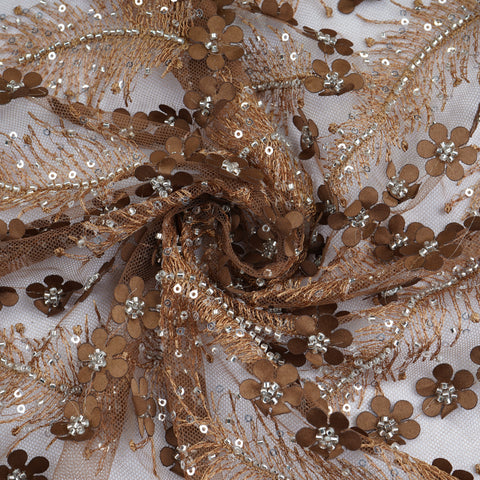 Coffee Brown Cutdana & Sequins Embroidery Net Fabric 21933