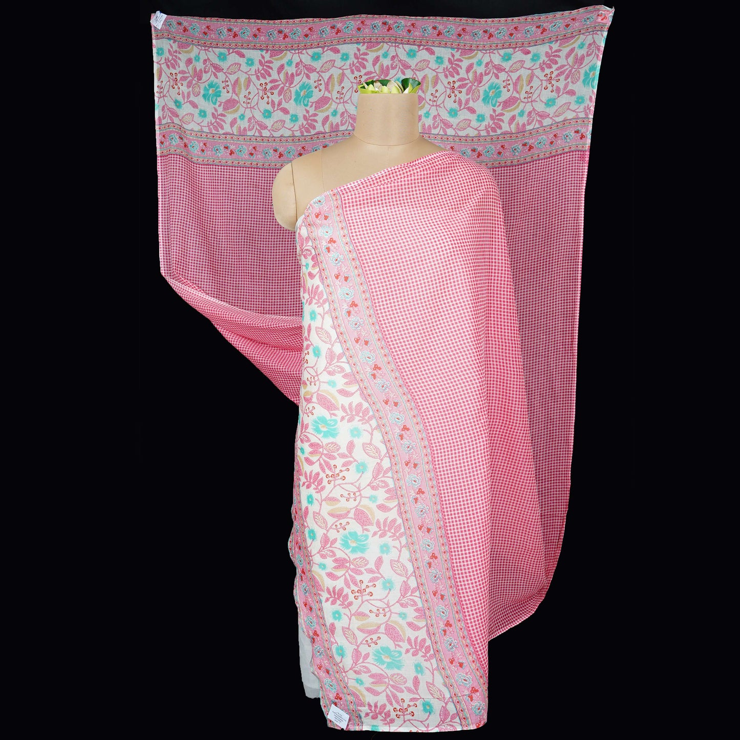Green Floral Checks Print Cotton Dupatta MFR-29934
