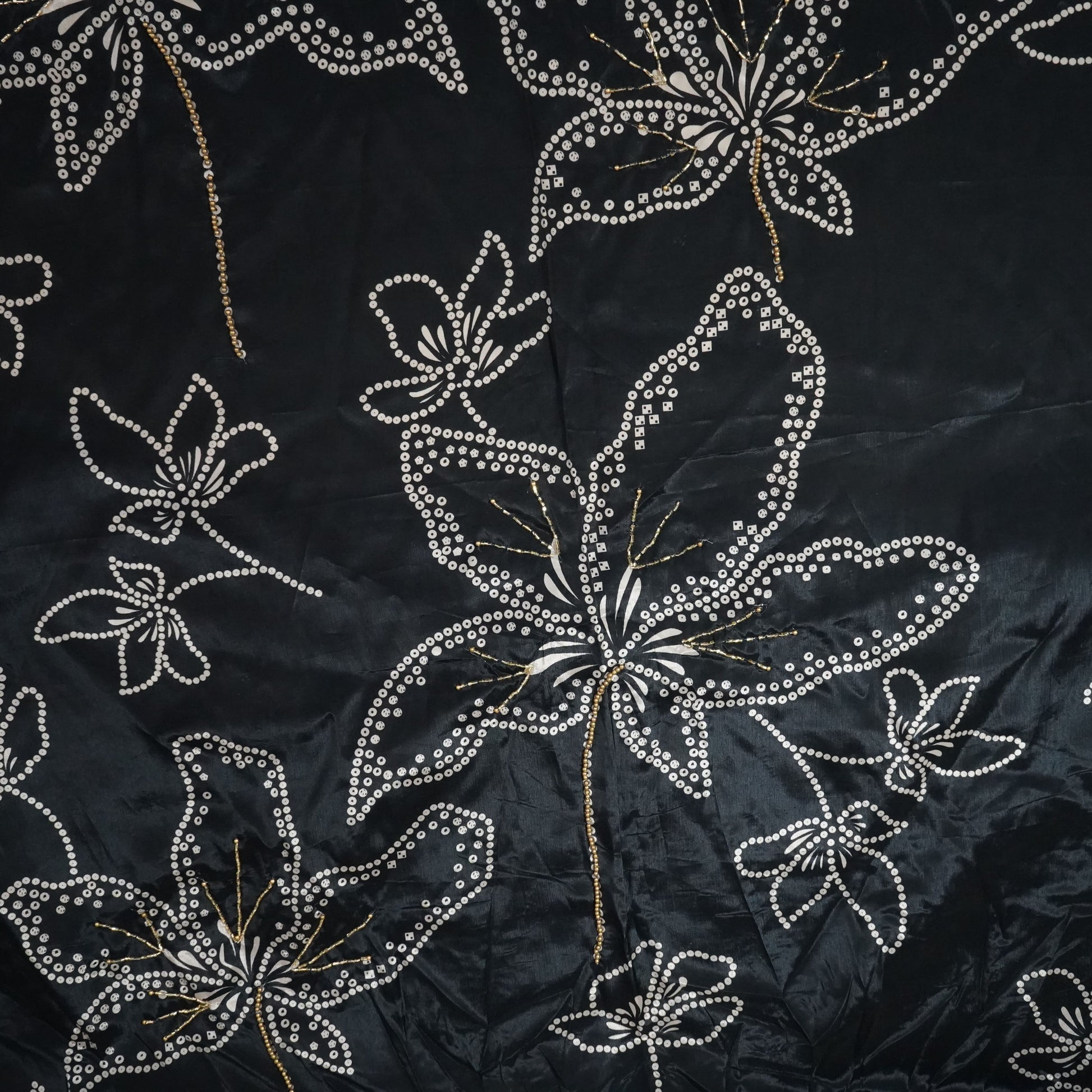 Black Bandhani Hand Embroidery Crpep Fabric 23613