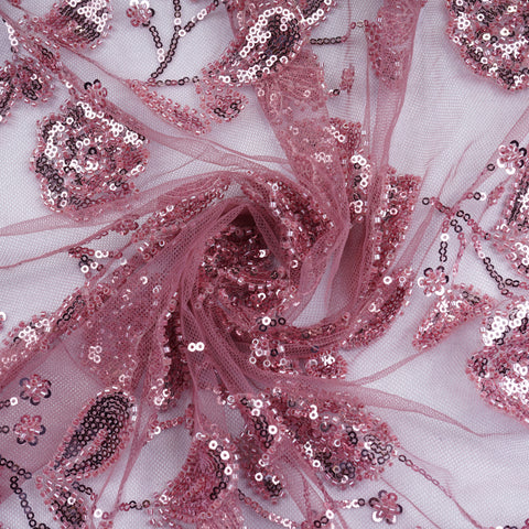 Peach Cutdana & Sequins Embroidery Net Fabric 21931
