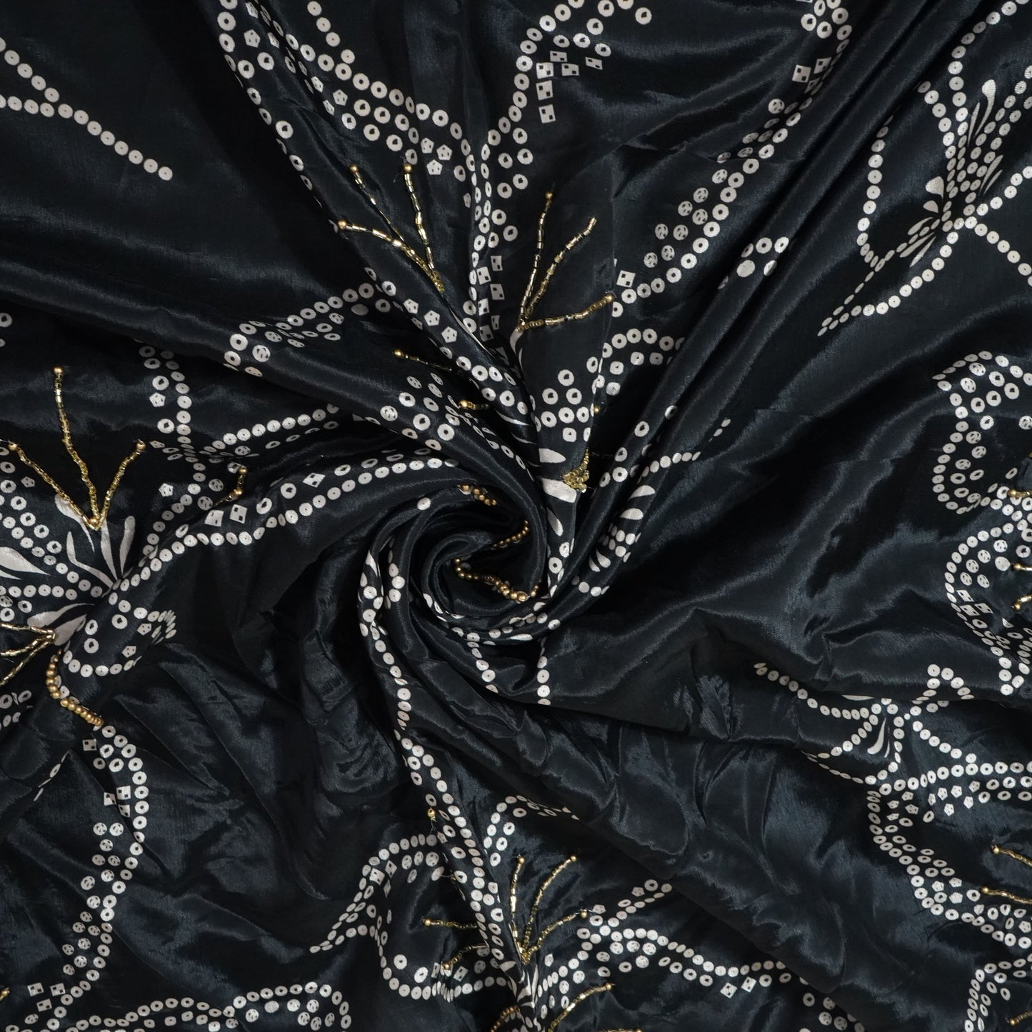 Black Bandhani Hand Embroidery Crpep Fabric 23613