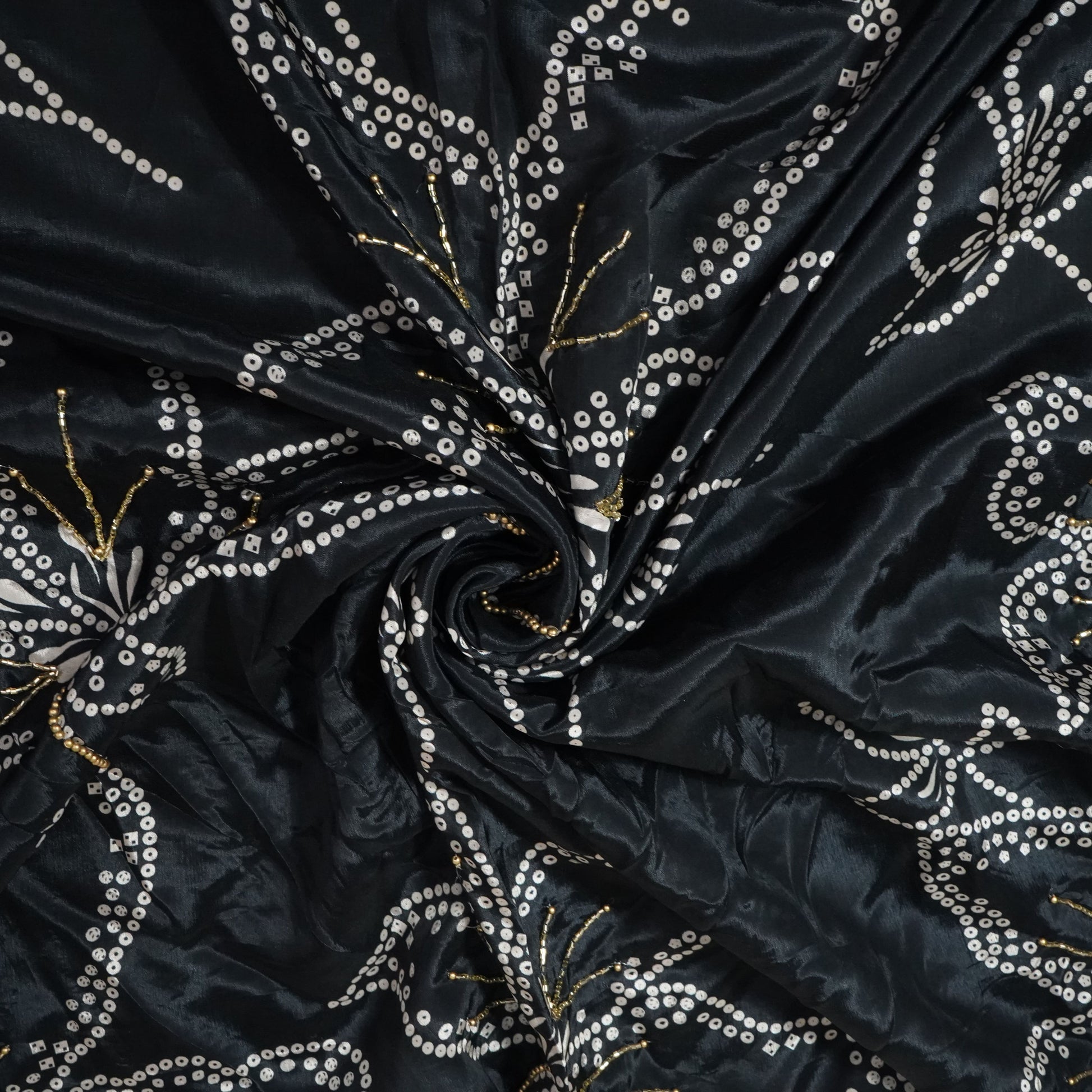Black Bandhani Hand Embroidery Crpep Fabric 23613