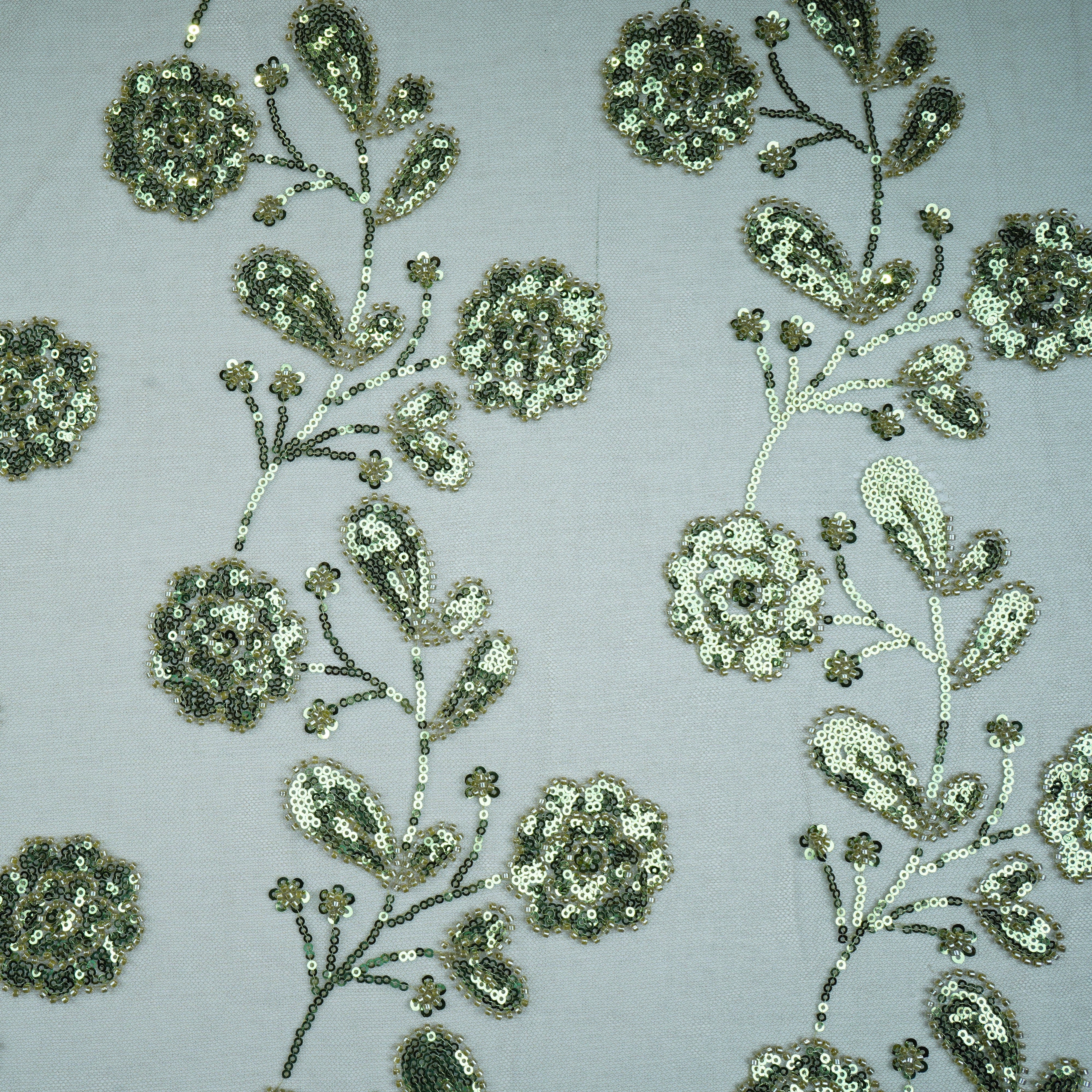 Olive Green Cutdana & Sequins Embroidery Net Fabric 21932