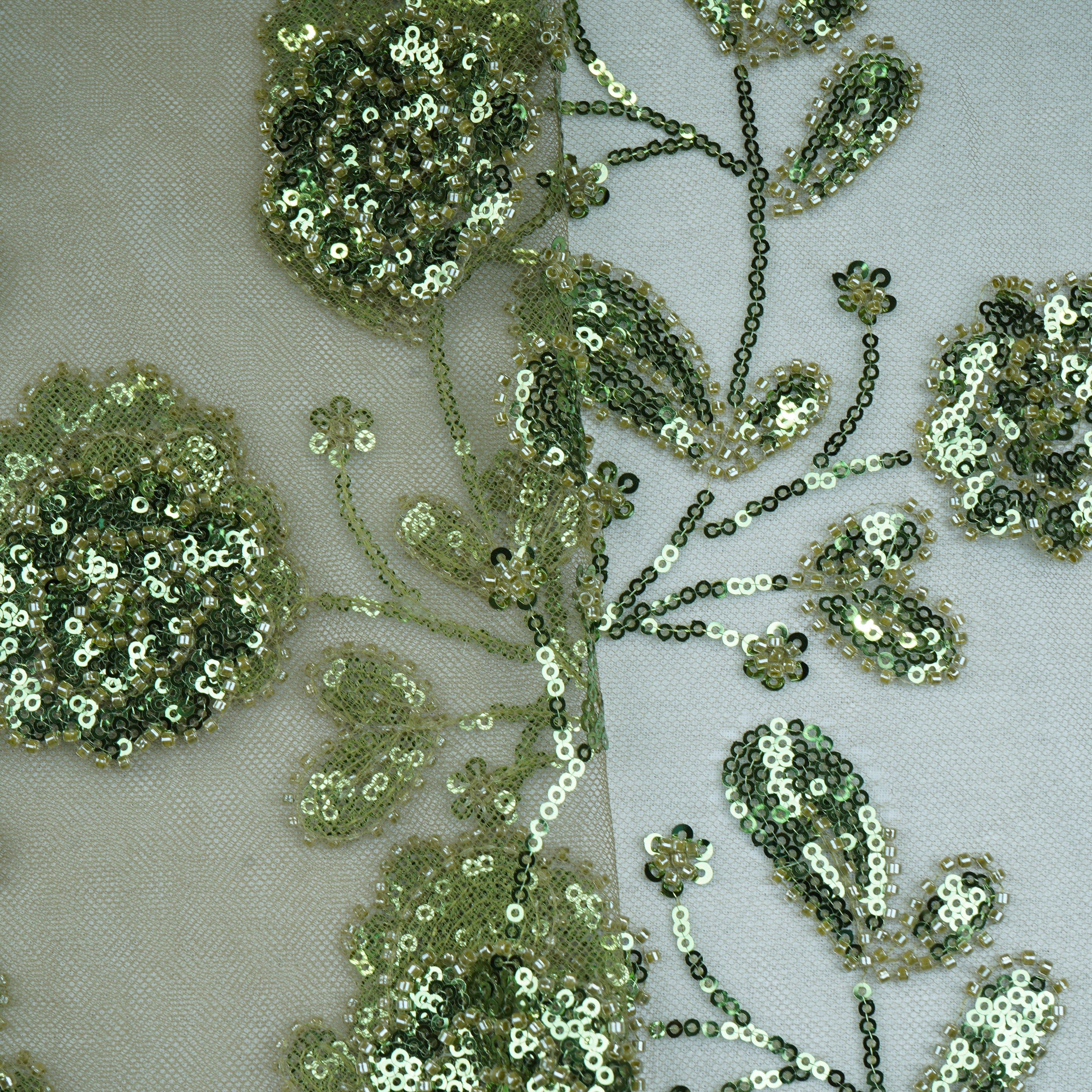 Olive Green Cutdana & Sequins Embroidery Net Fabric 21932