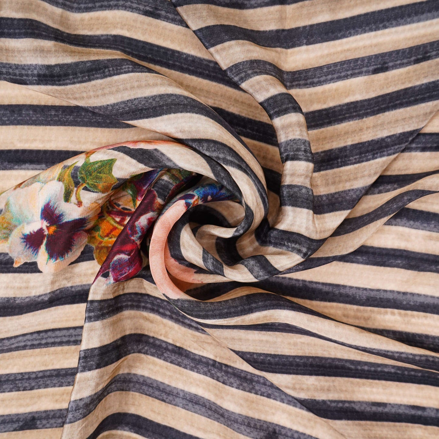 Beige with Black Stripes floral print Crepe Fabric NVC-31838