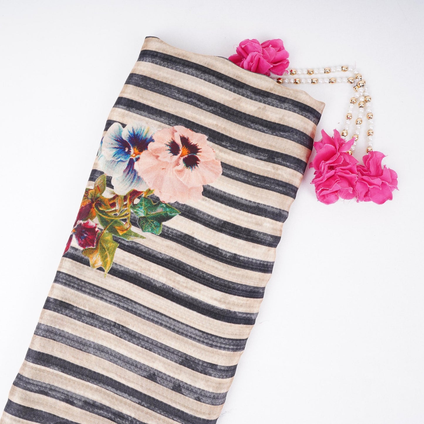 Beige with Black Stripes floral print Crepe Fabric NVC-31838