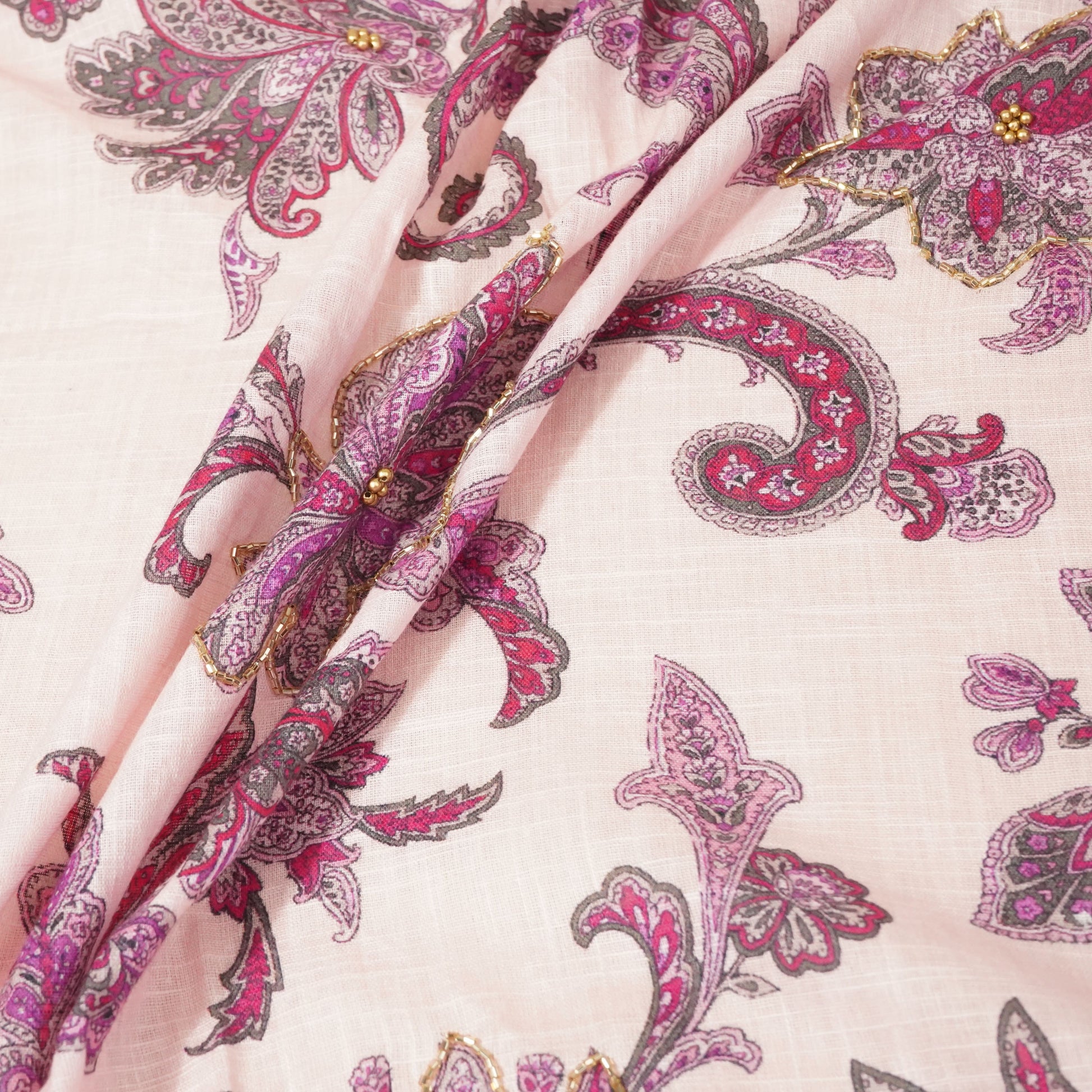 Pink Floral Hand Embroidery Mulmul Fabric 23616