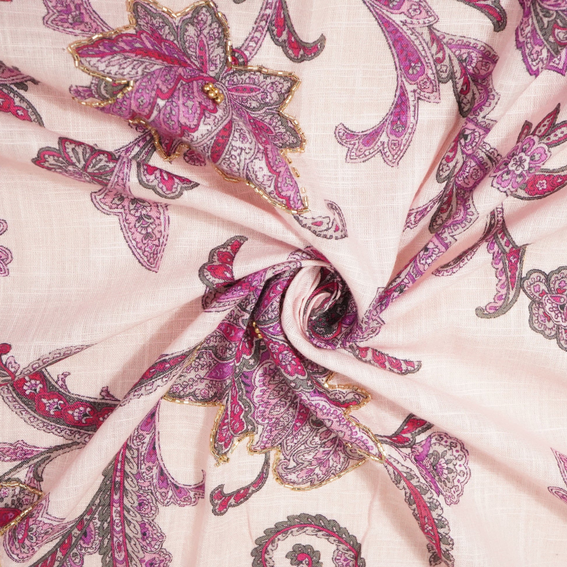 Pink Floral Hand Embroidery Mulmul Fabric 23616