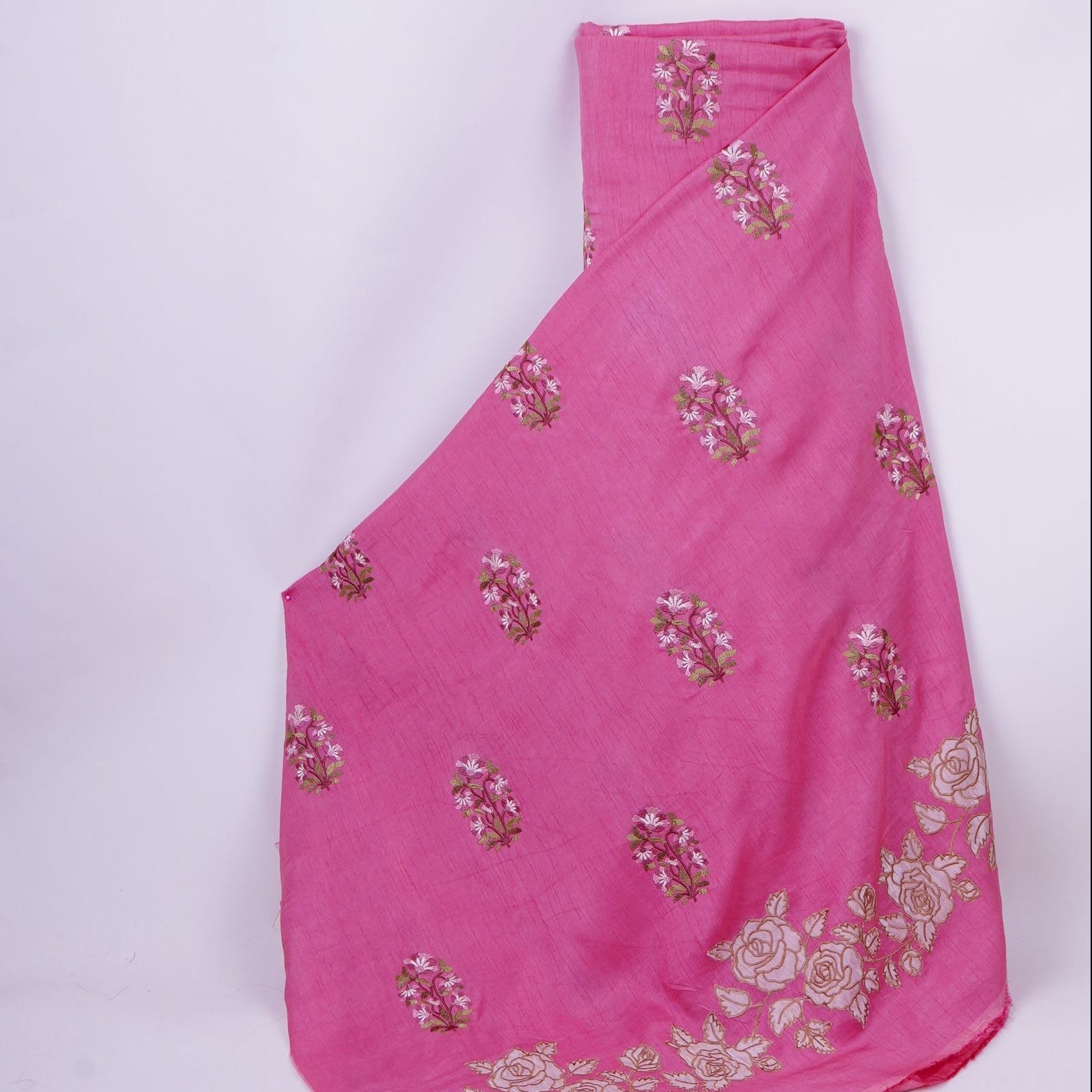 Dusty Rose Pink floral Border embroidery Raw Silk Fabric VFS-31856 - TradeUNO