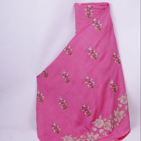 Dusty Rose Pink floral Border embroidery Raw Silk Fabric VFS-31856