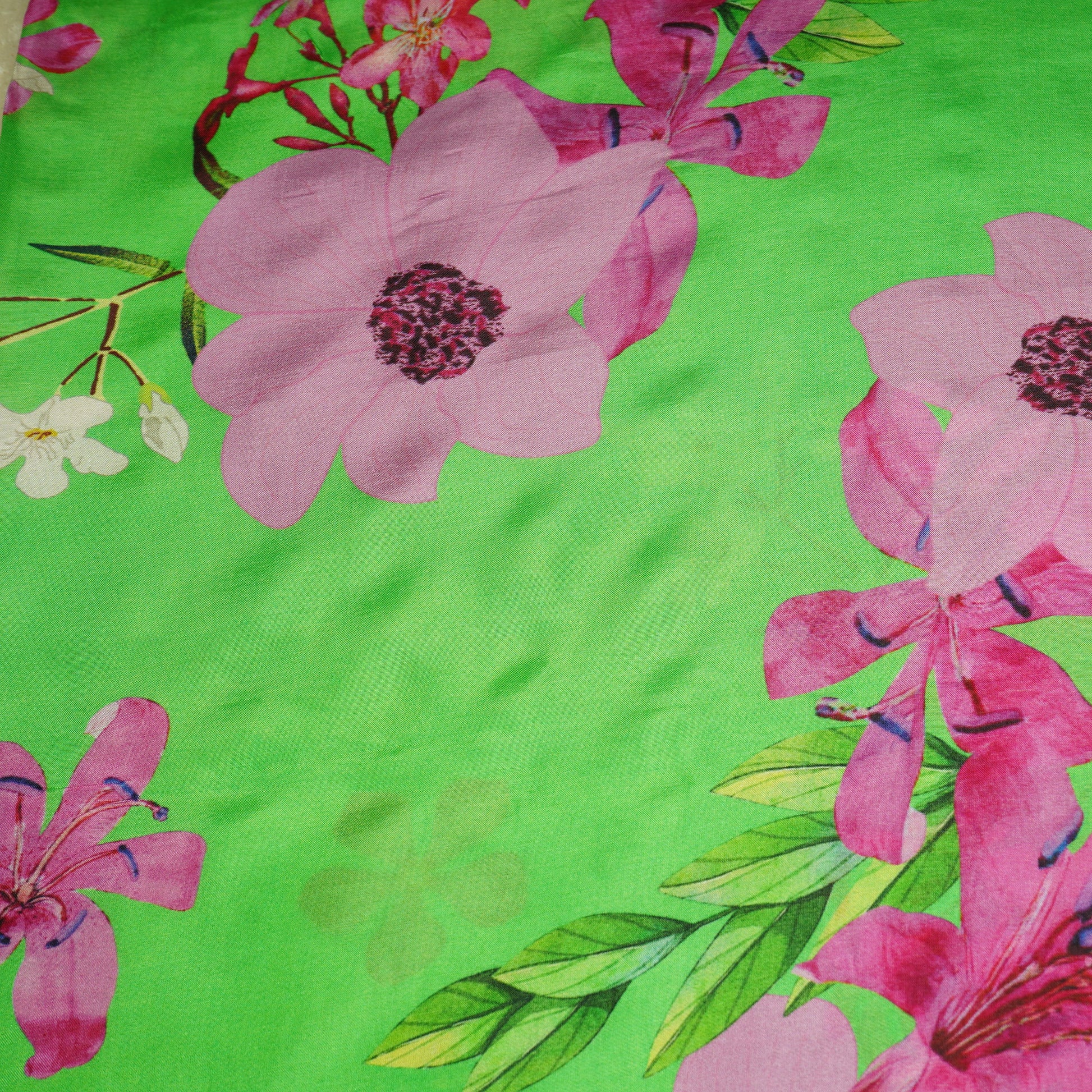 Green Floral Print Upada Silk Fabric 21083