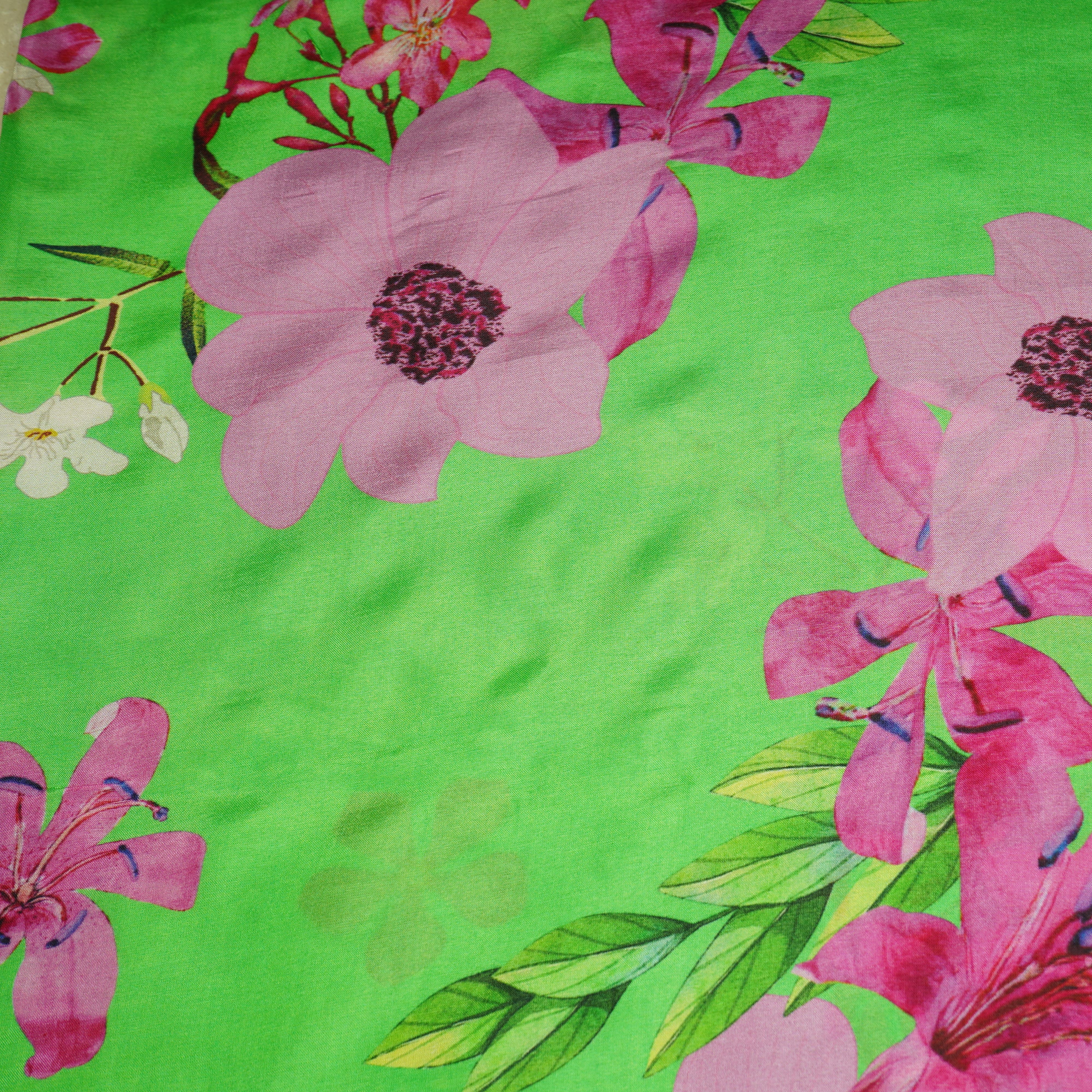 Green Floral Print Upada Silk Fabric 21083