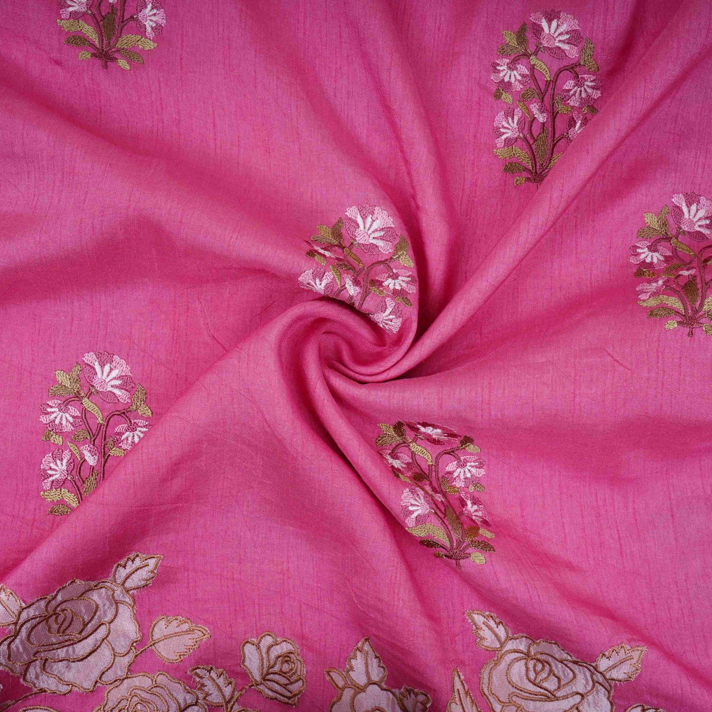 Dusty Rose Pink floral Border embroidery Raw Silk Fabric VFS-31856