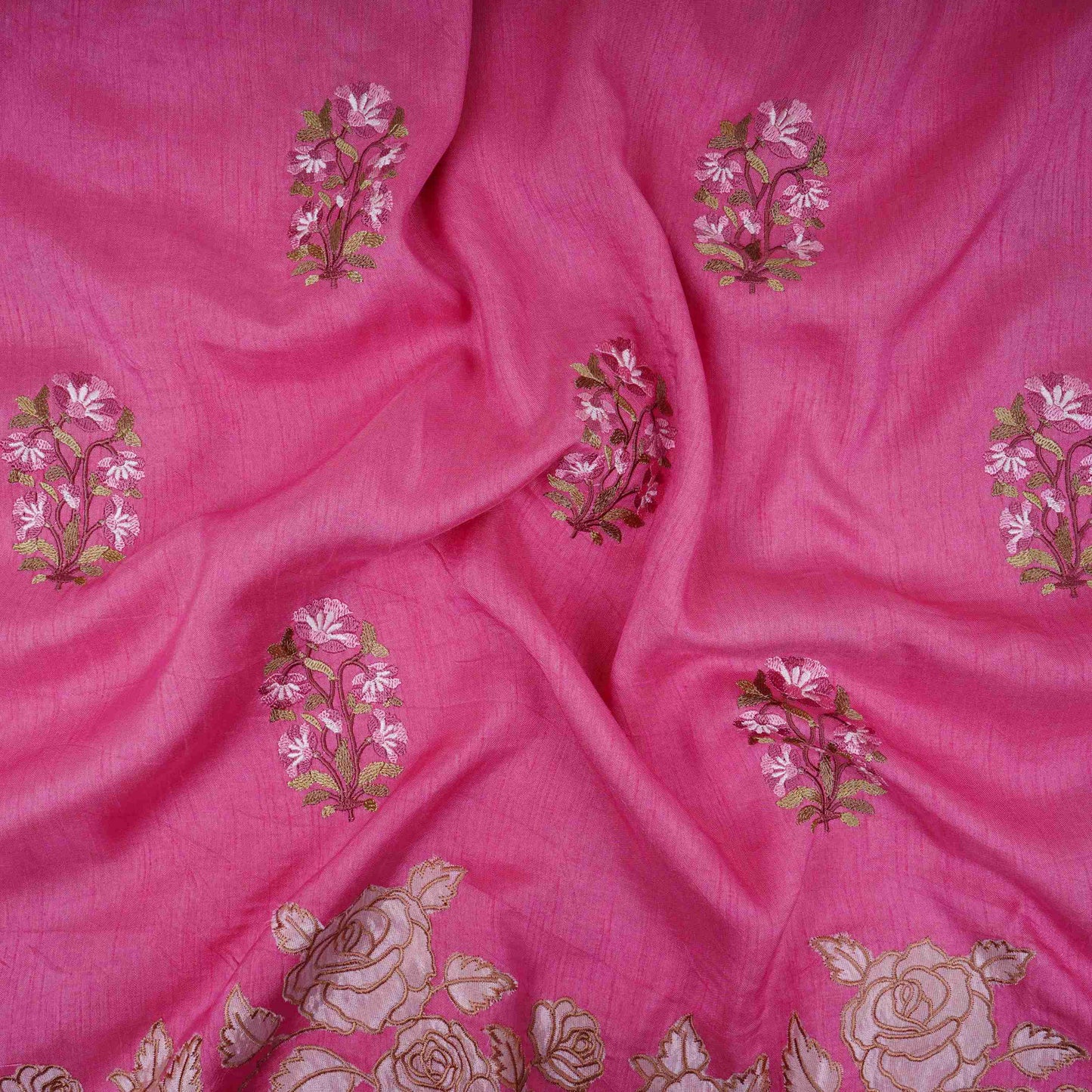 Dusty Rose Pink floral Border embroidery Raw Silk Fabric VFS-31856