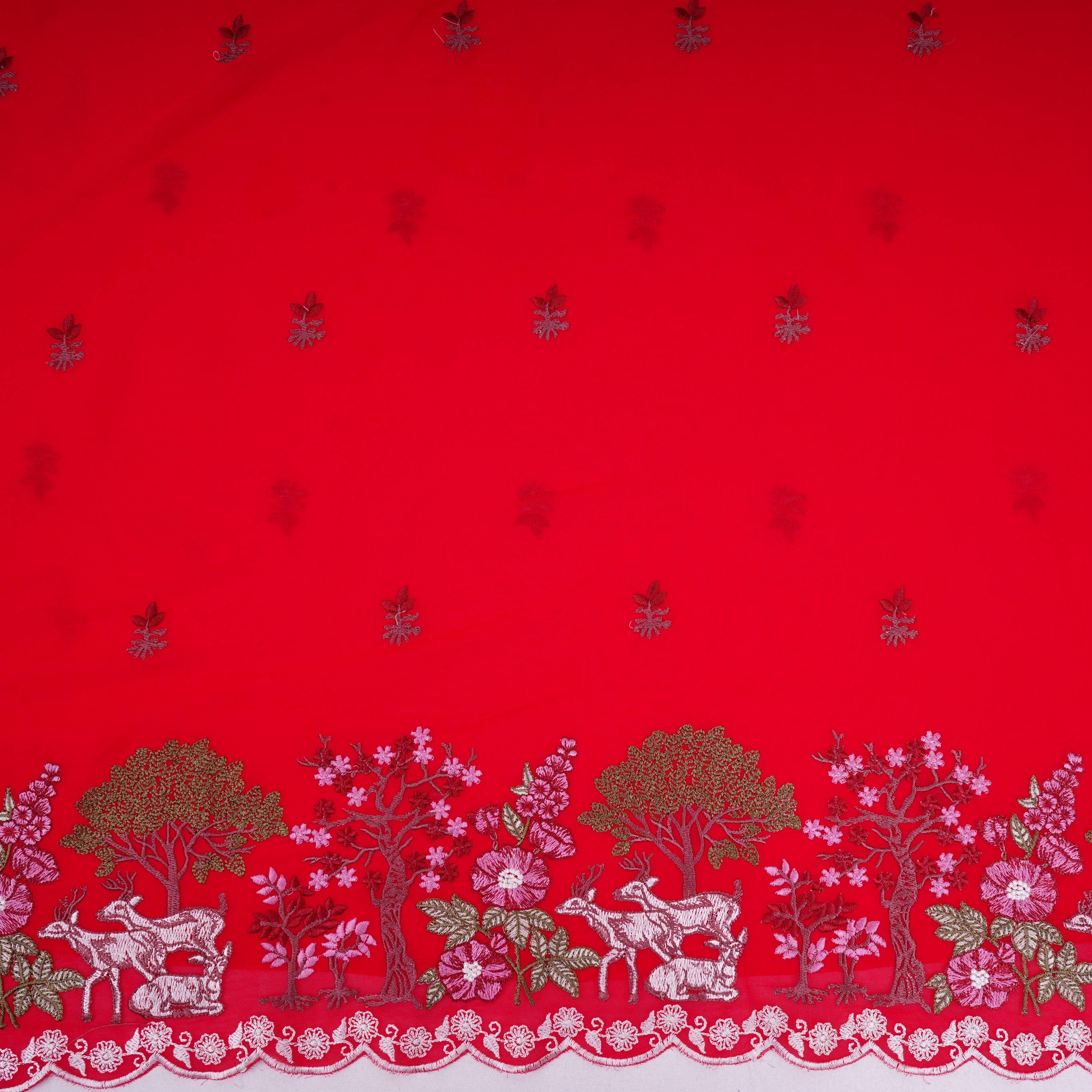Red floral Border embroidery Georgette Fabric VFS-31865 - TradeUNO
