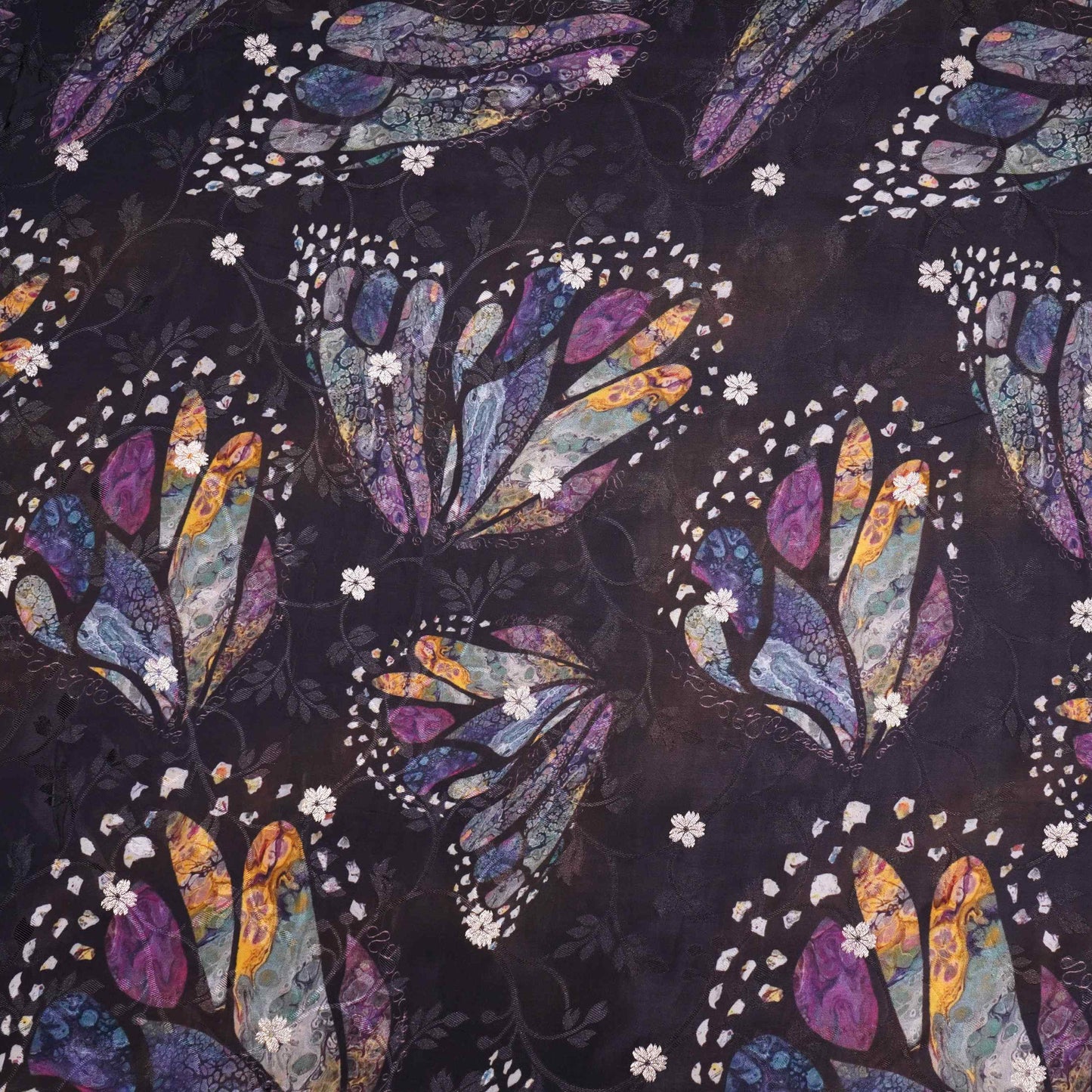 Black Abstract zari jacquard Pure Bemberg Crepe Fabric MTF-31801