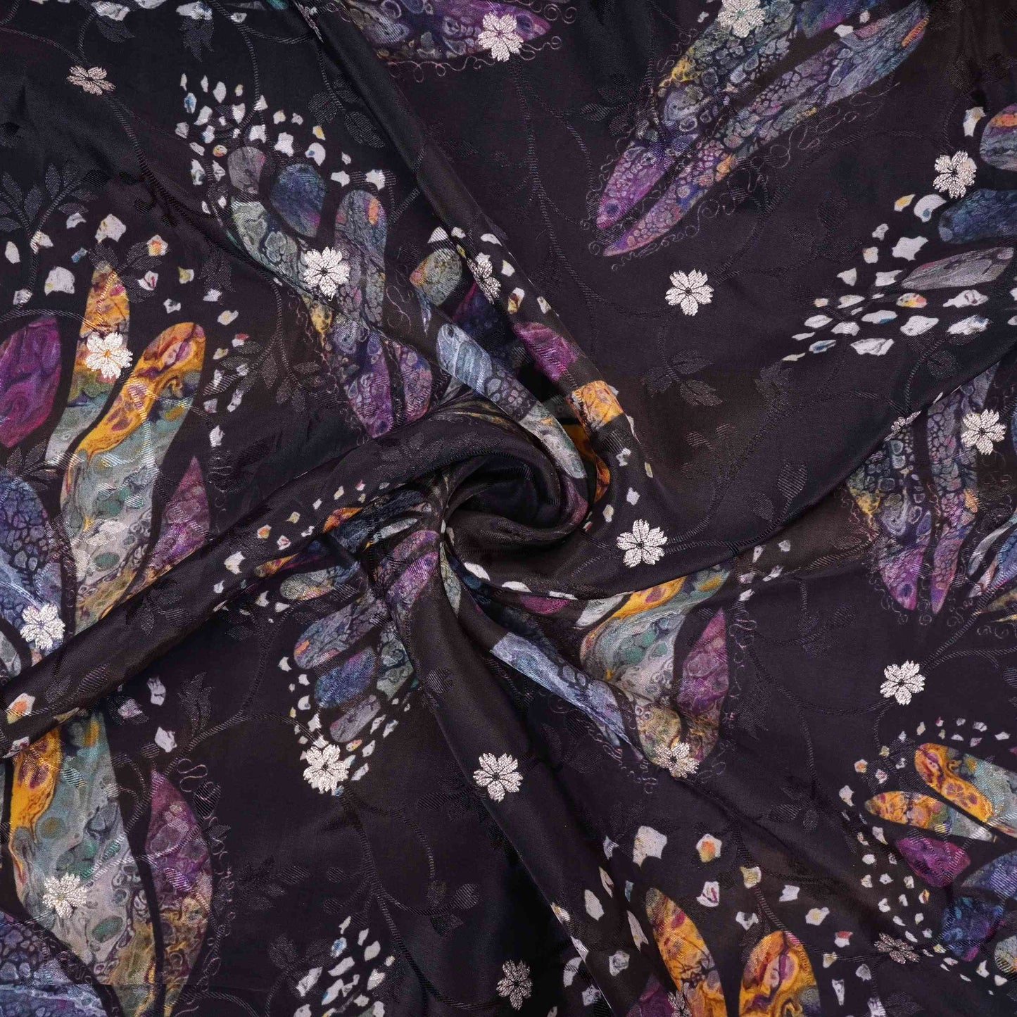 Black Abstract zari jacquard Pure Bemberg Crepe Fabric MTF-31801